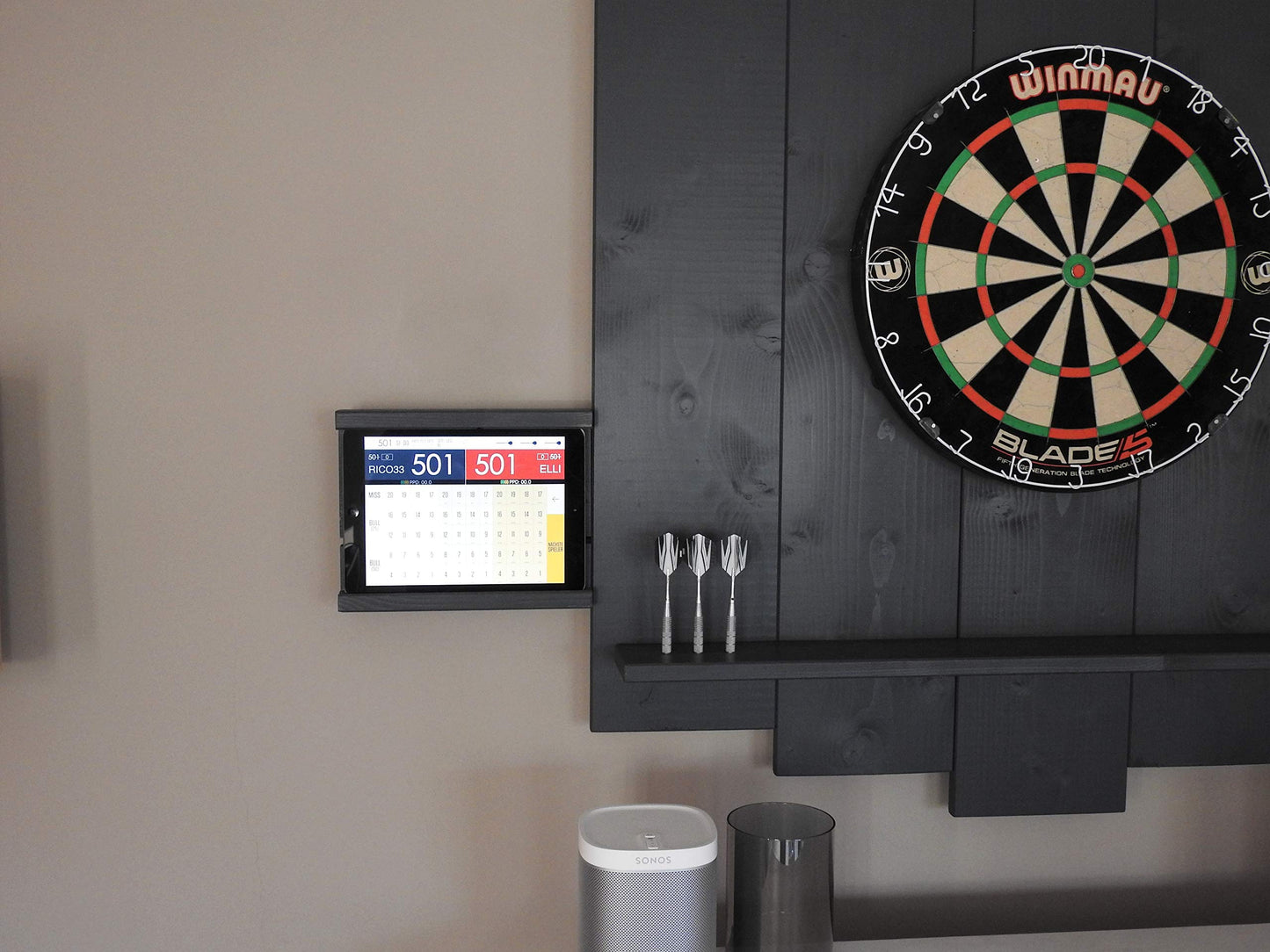WOODEN Dartboard Surround | Premium dart wall protection & tablet holder | Flamed "Burned Look" or colour design (catch ring, dart surround, backboard)