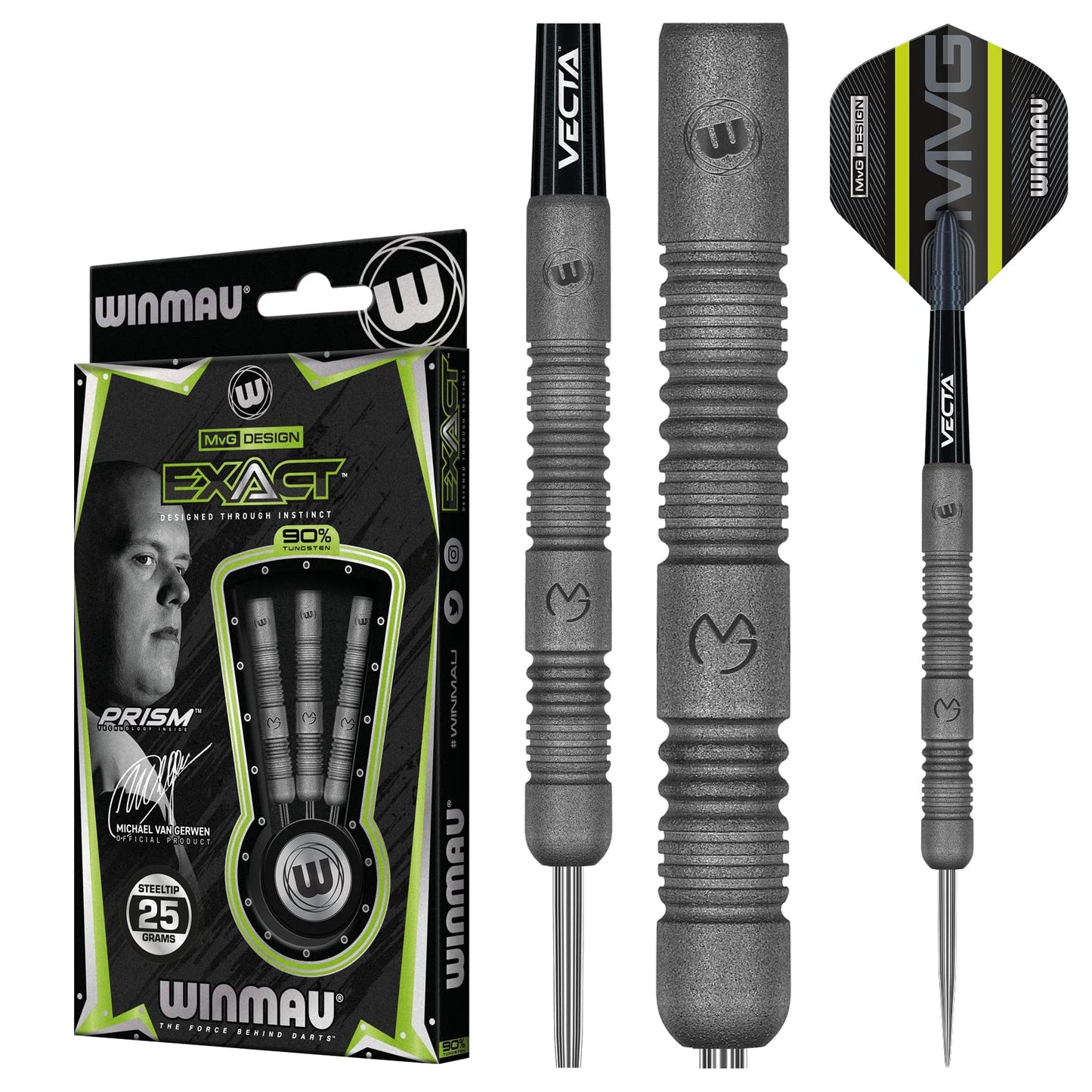 WINMAU Darts Set - Michael Van Gerwen MvG Exact Steeltip Darts - Includes Darts Flights & Stems, Available in 21.5g, 23g, 24g & 25g, Professional 90% Tungsten Darts Set