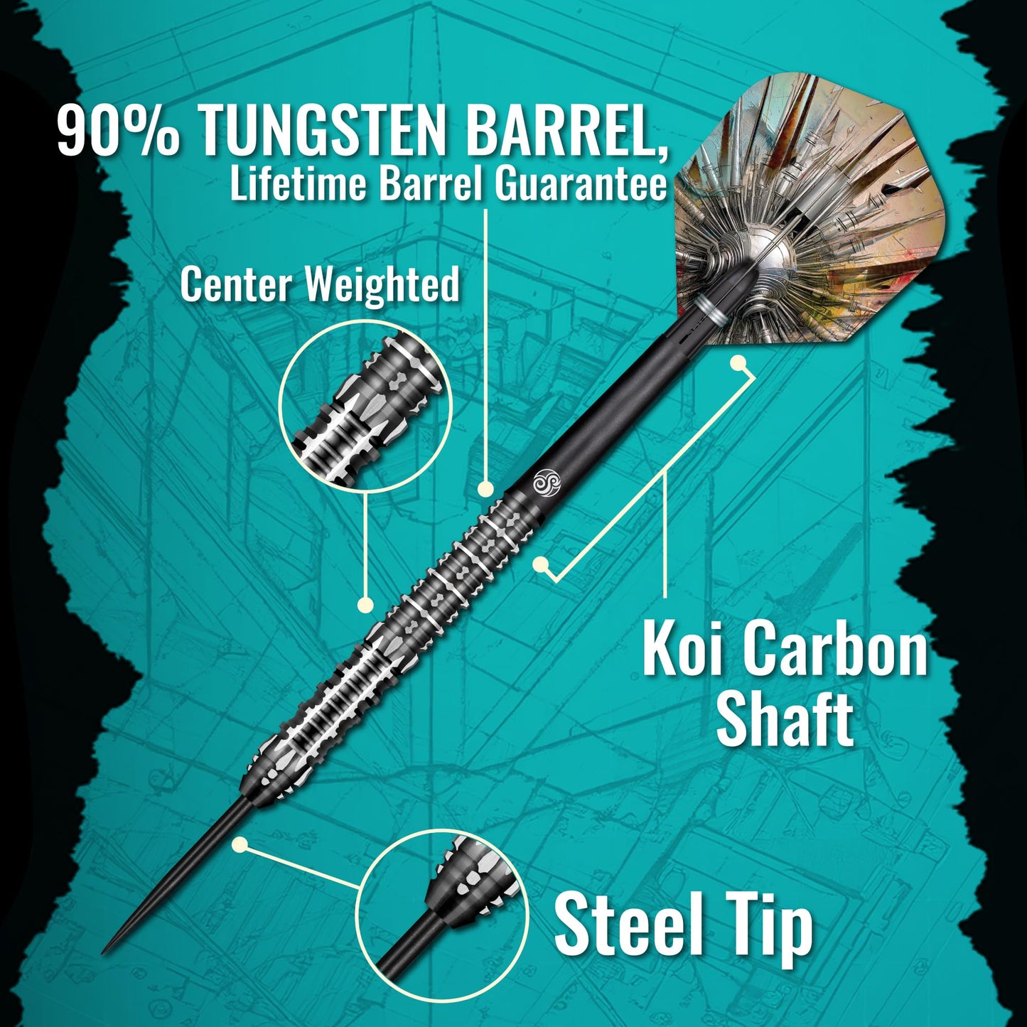 Shot! Gnarly Shredda Steel Tip Dart Set-90% Tungsten Dart Barrels, Centre Weighted, professional darts for bristle dartboard