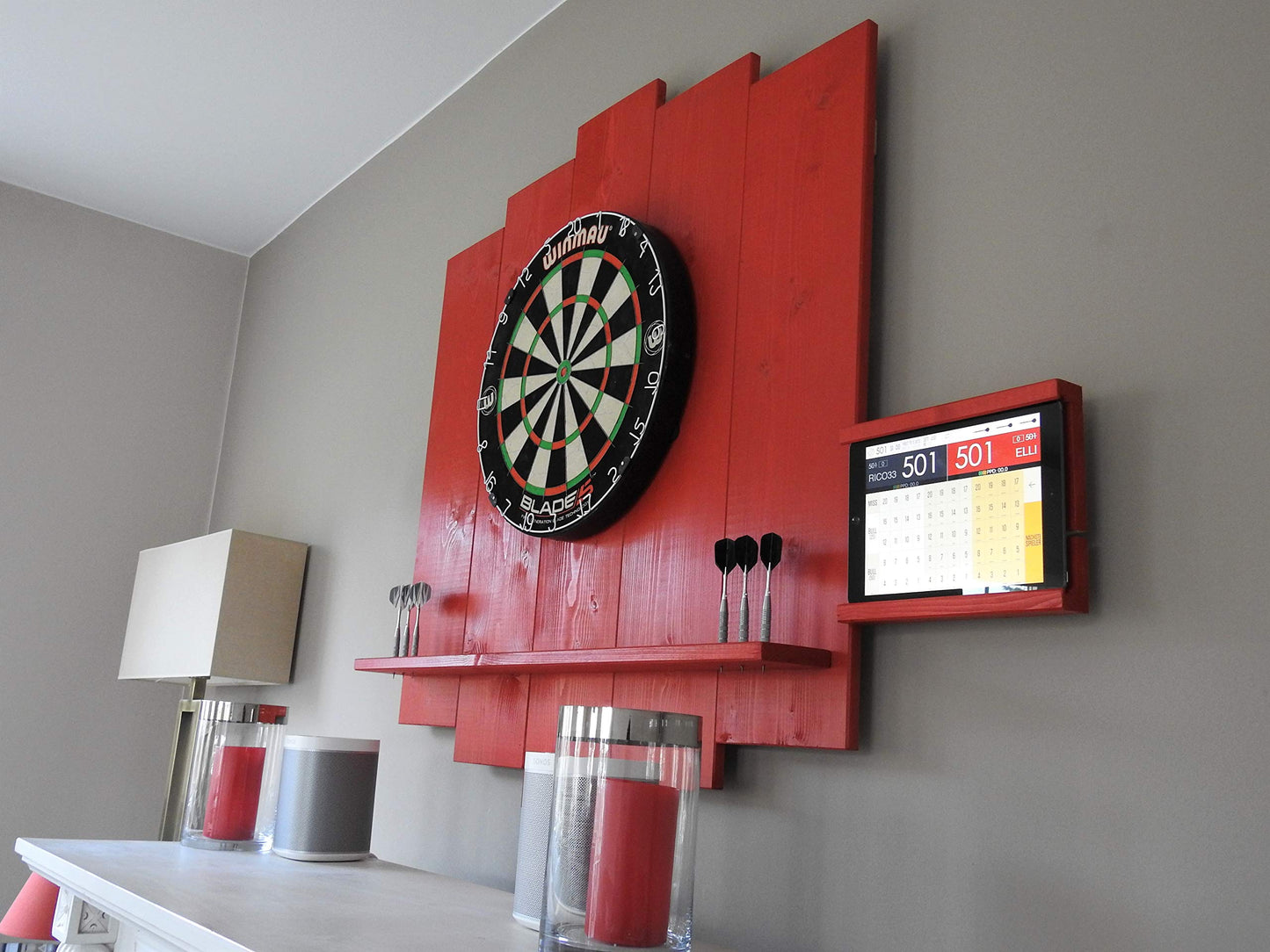 WOODEN Dartboard Surround | Premium dart wall protection & tablet holder | Flamed "Burned Look" or colour design (catch ring, dart surround, backboard)