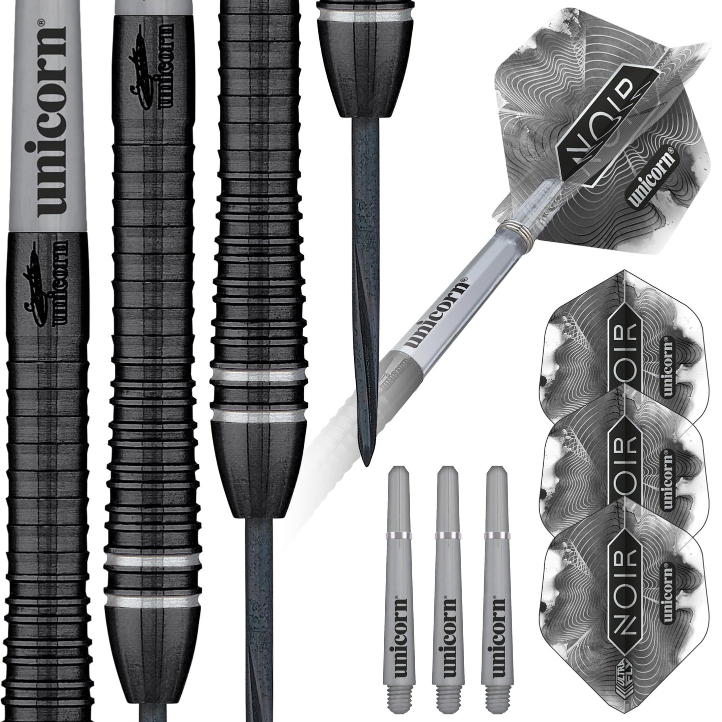 Unicorn Steel Tip Darts Set | Gary 'The Flying Scotsman' Anderson Noir Phase 3, 5 & 6 | 90% Tungsten Barrels with Black Titanium Coating | Presentation Packaging | 21g, 22g, 23g, 24g, 25g or 27g