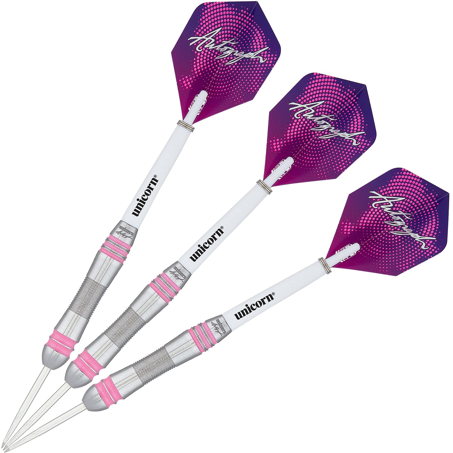 Unicorn Steel Tip Darts Set | Autograph Series Styles 1, 2 & 3 | 80% Natural Tungsten Barrels with Pink Accents | 19 g, 21 g, 22 g, 23 g, 24 g, 25 g, 26 g, 28 g or 30 g