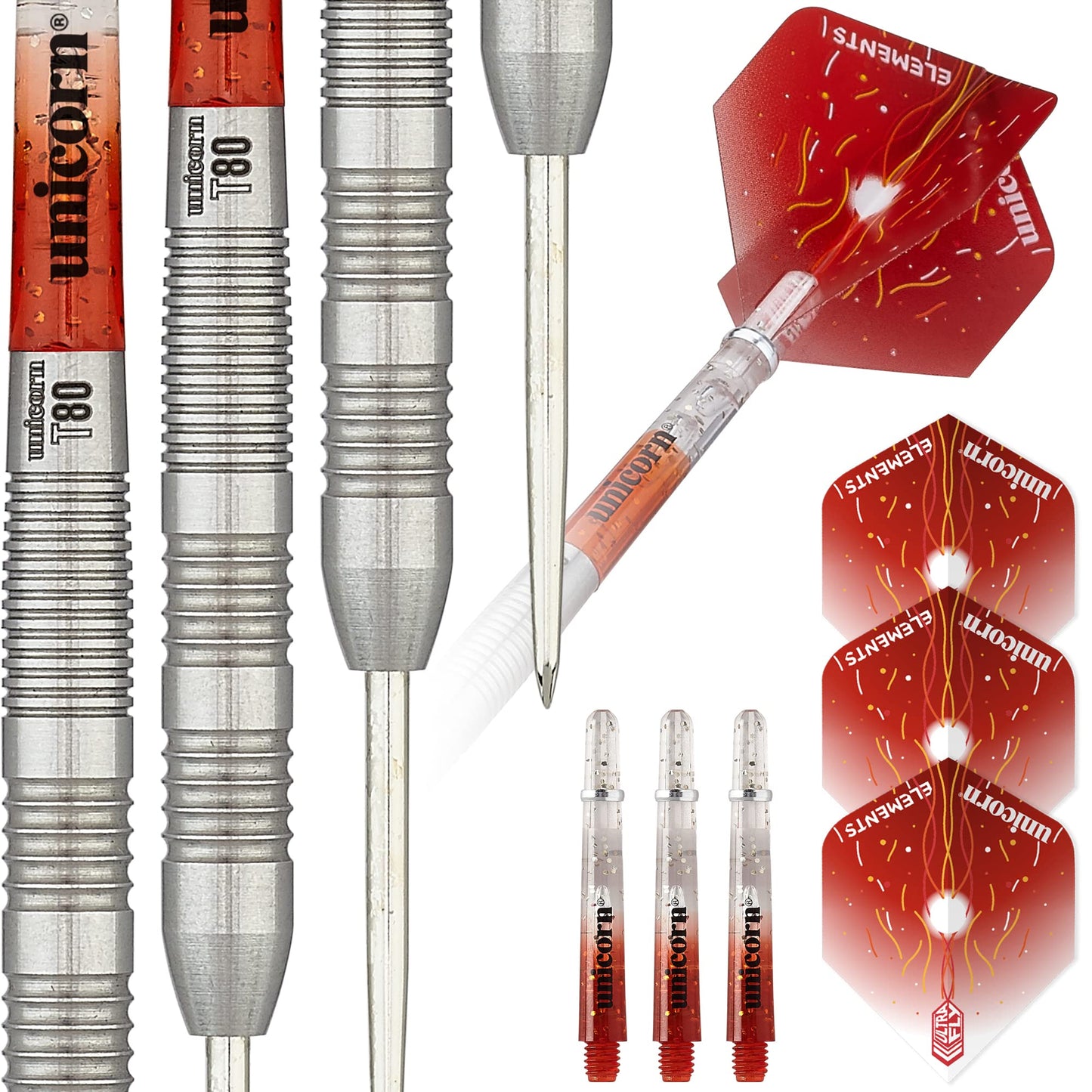 Unicorn Steel Tip Darts Set, Core Striker Series, 80 Percent Natural Tungsten Barrels, 20g, 21g, 22g, 23g, 24g or 25g