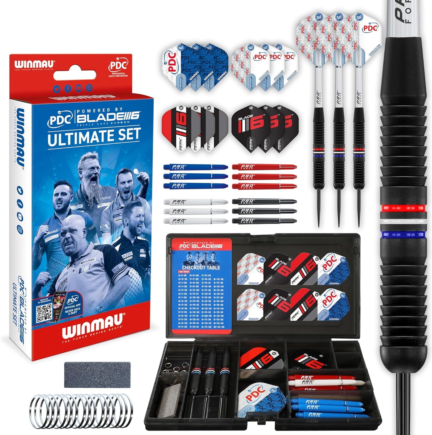 WINMAU Darts – PDC Ultimate Set – 22g Steel Tip Professional Brass Darts Set and Accessories – Includes Dart Flights, Shafts, Point Sharpener & Black Transparent Plastic Tournament Case
