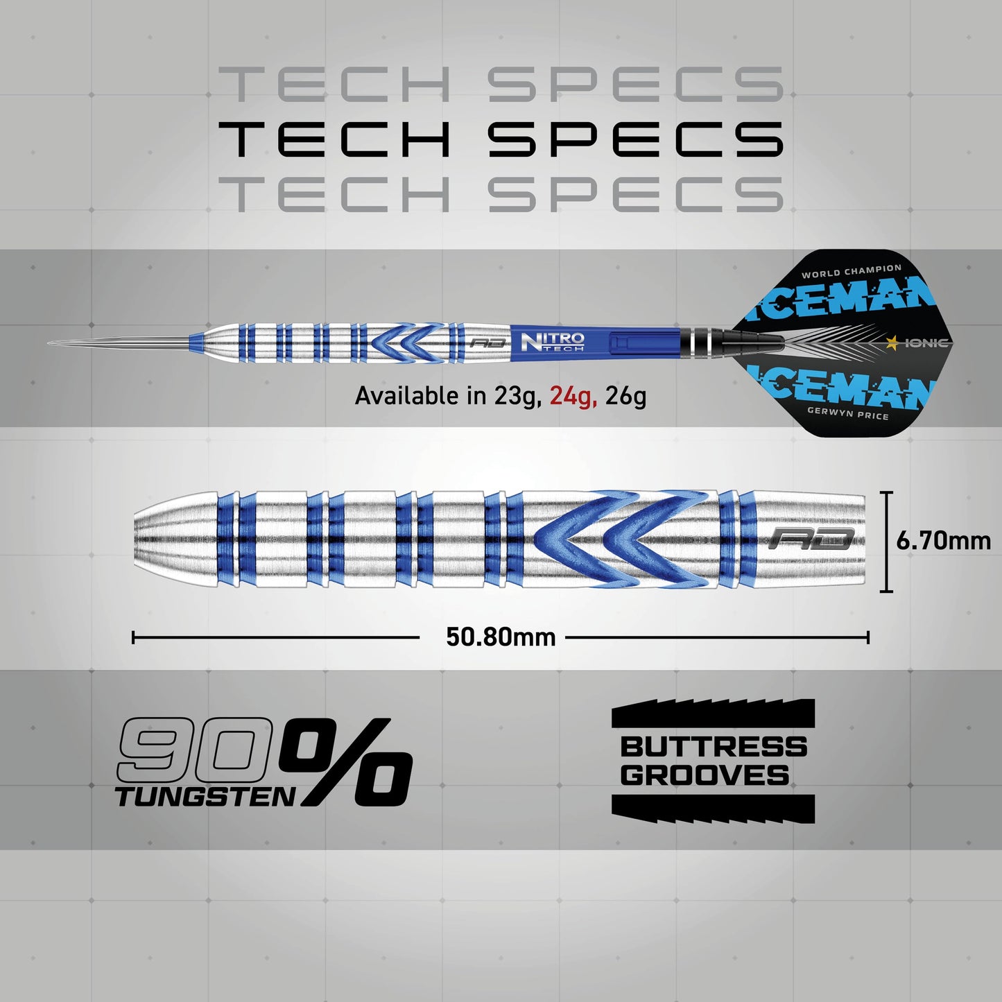 RED DRAGON Gerwyn Price Iceman - Tungsten Steel Darts Set with Flights and Stems
