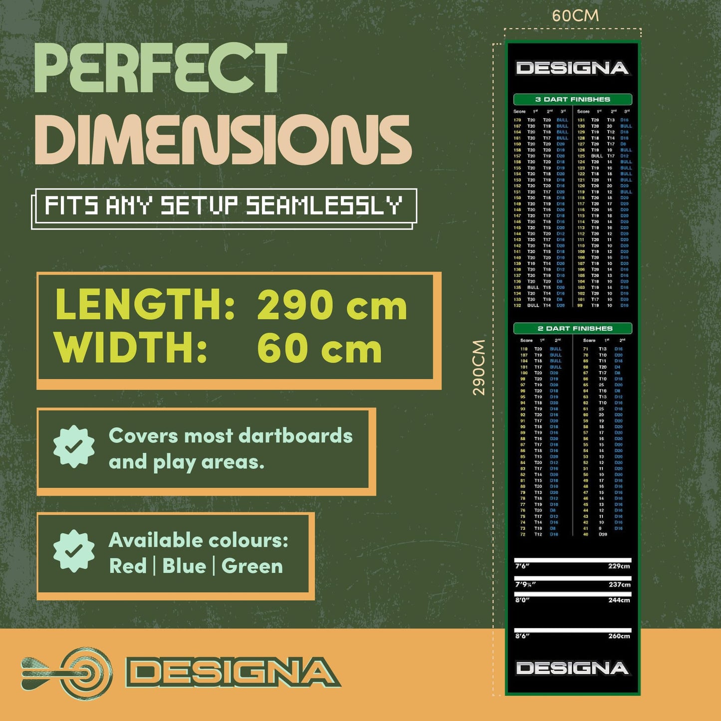 Designa Darts Mat Checkouts Heavy Duty Carpet Non Slip Back Mats Slim or Wide