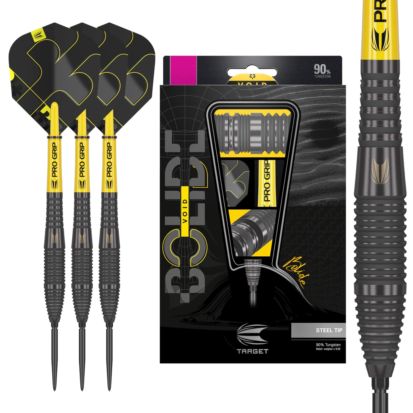 Target Darts Bolide Void 90% Tungsten Dart Set, Steel Tip Swiss Point Darts | 21G/22G/23G/24G/25G/25G | Professional Darts Sets, Black Darts, Swiss Point Tool Included