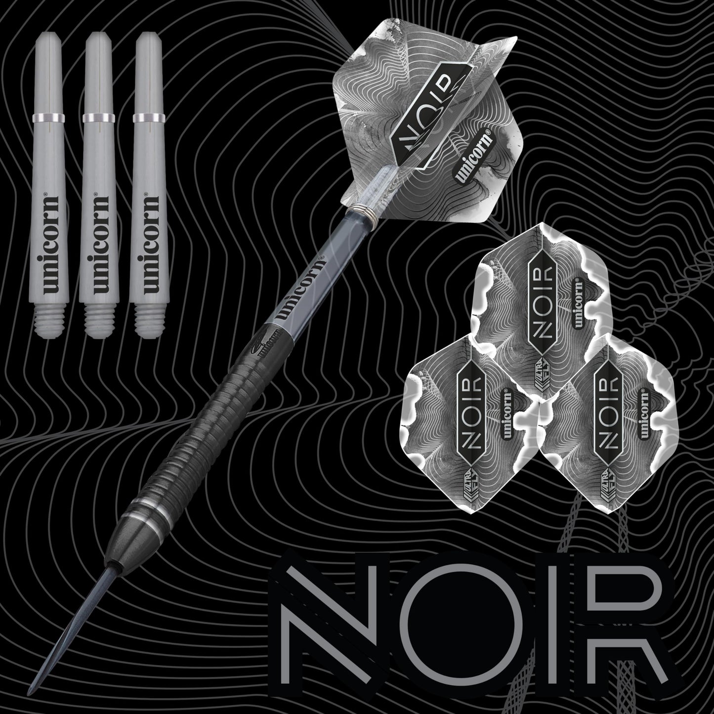 Unicorn Steel Tip Darts Set | Gary 'The Flying Scotsman' Anderson Noir Phase 3, 5 & 6 | 90% Tungsten Barrels with Black Titanium Coating | Presentation Packaging | 21g, 22g, 23g, 24g, 25g or 27g