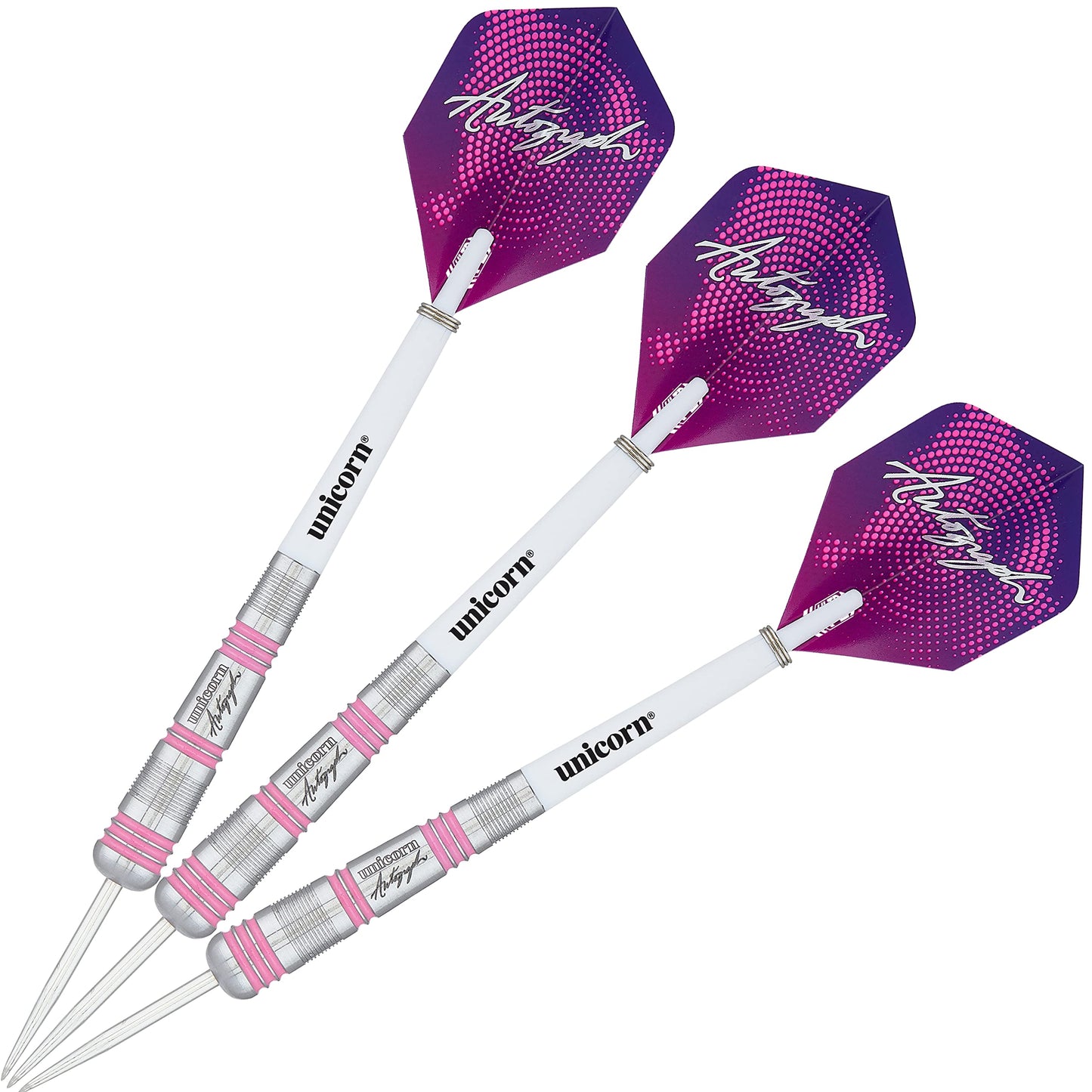 Unicorn Steel Tip Darts Set | Autograph Series Styles 1, 2 & 3 | 80% Natural Tungsten Barrels with Pink Accents | 19 g, 21 g, 22 g, 23 g, 24 g, 25 g, 26 g, 28 g or 30 g