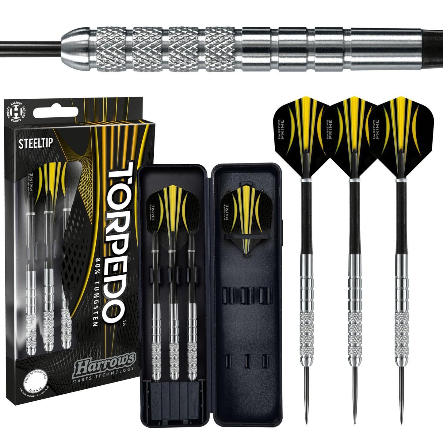 Harrows Torpedo 80% Tungsten Steel Tip Dart Set 22g, 23g, 24g & 25g - Includes Nylon Shafts, Marathon Flights & Travel Case