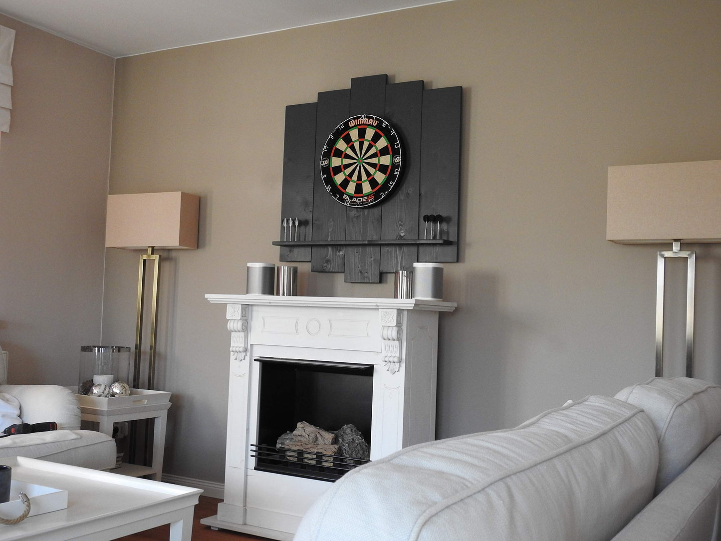 WOODEN Dartboard Surround | Premium dart wall protection & tablet holder | Flamed "Burned Look" or colour design (catch ring, dart surround, backboard)