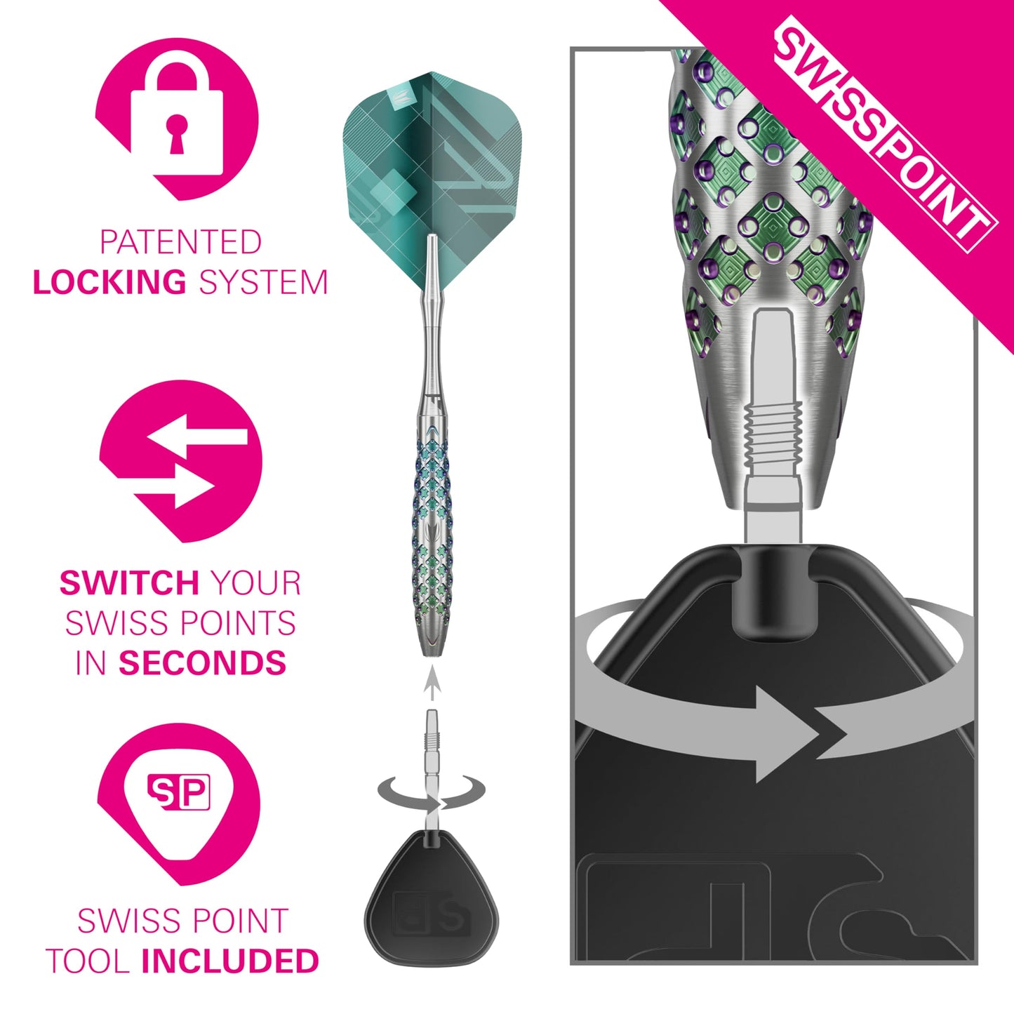 TARGET Darts Rove Steel Tip Swiss Point Darts, 90% Tungsten Dart Set | Steel Tip Dart, Green & Silver Darts, Professional Dart Set with Swiss Points & Tool | Barrel 01/02/03 –22G/23G/24G/25G