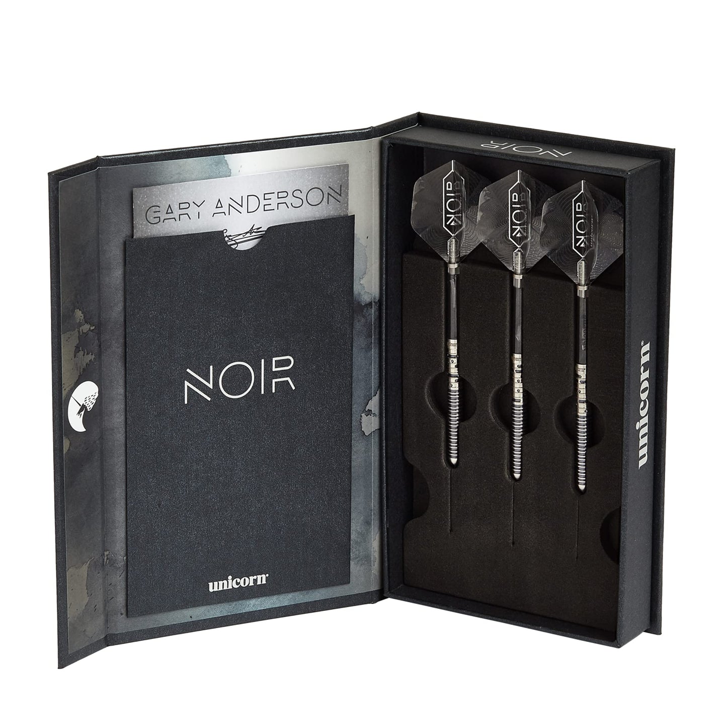 Unicorn Steel Tip Darts Set | Gary 'The Flying Scotsman' Anderson Noir Phase 3, 5 & 6 | 90% Tungsten Barrels with Black Titanium Coating | Presentation Packaging | 21g, 22g, 23g, 24g, 25g or 27g