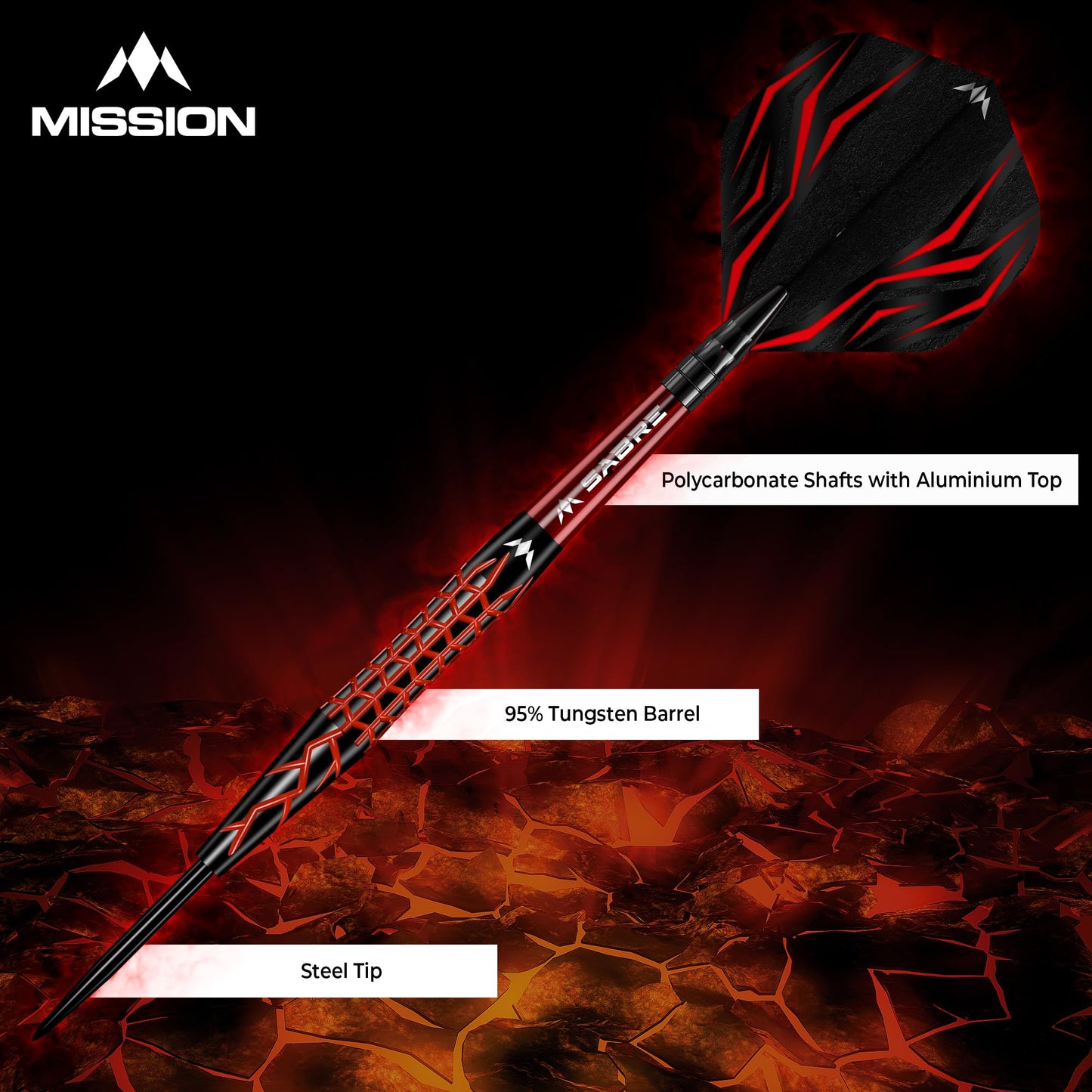 Mission | Lava Darts Set | Black & Red | Electro plate | 95% Tungsten | Steel Tip Darts | Available in Multiple Weights.