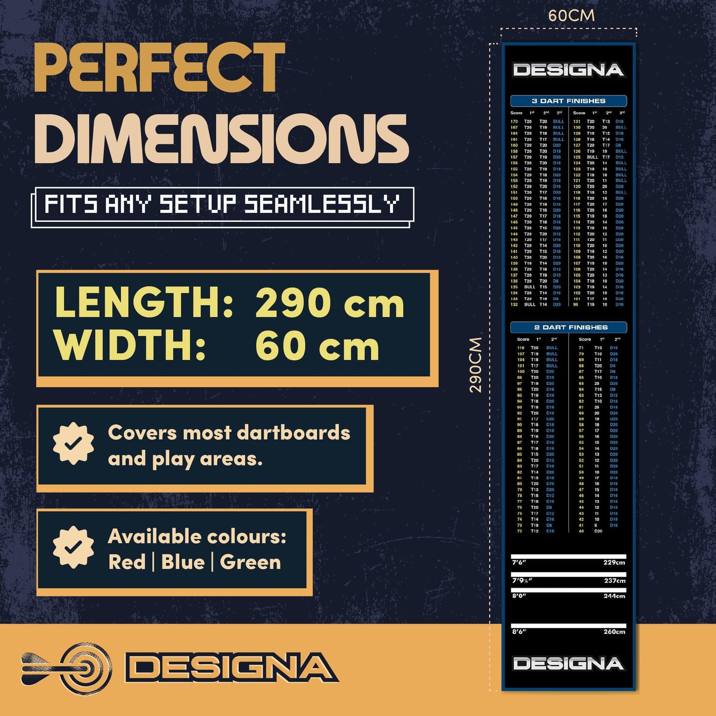 Designa Darts Mat Checkouts Heavy Duty Carpet Non Slip Back Mats Slim or Wide