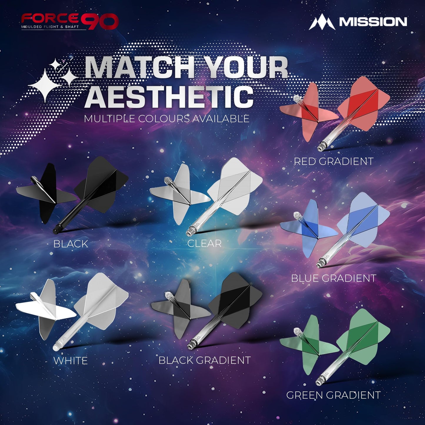 Mission Darts Force 90 | Integrated Precision Moulded Dart Flight And Shaft System, Pack of 3 Professional Durable 2-In-1 Combined Dart Flights And Stems | Standard No.2