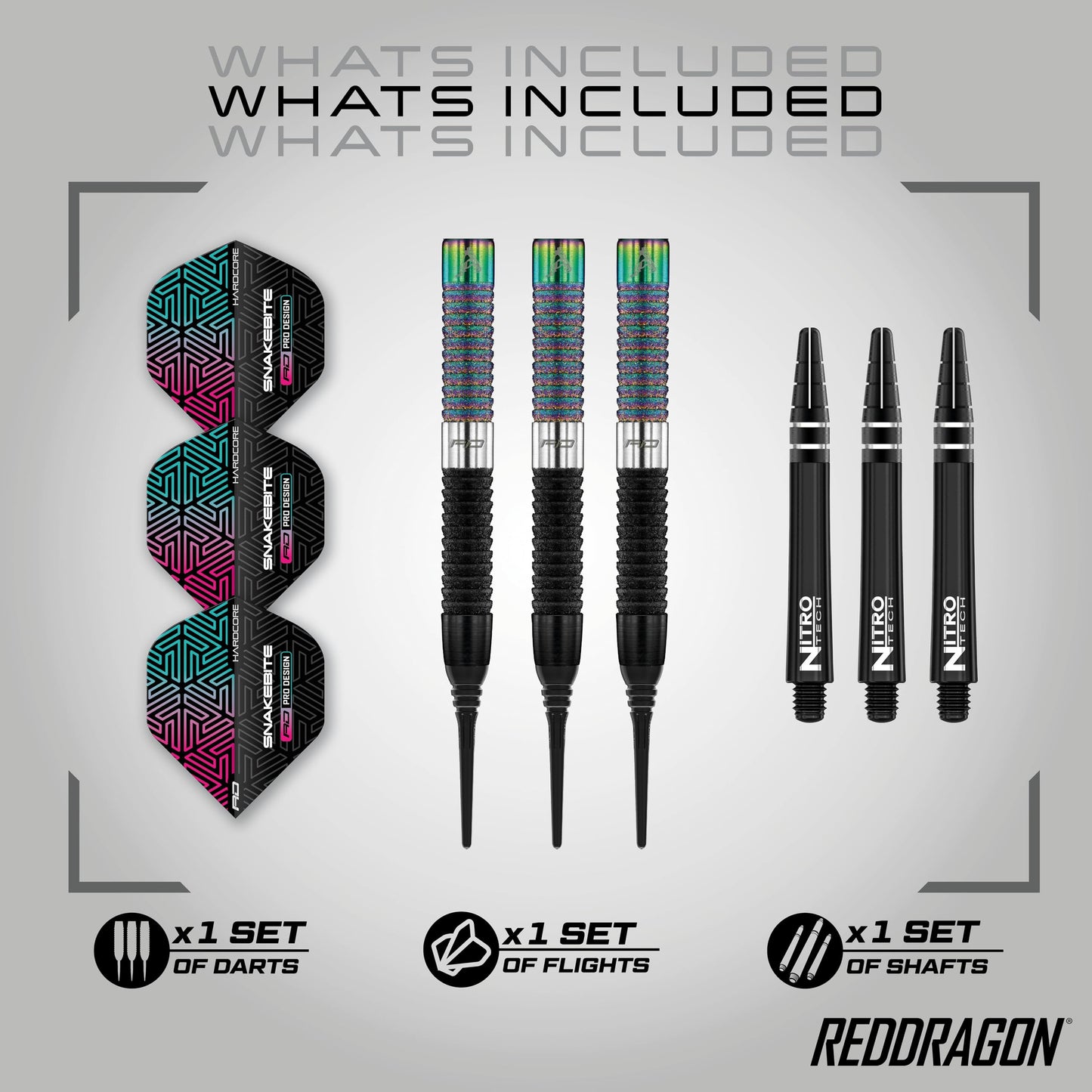 RED DRAGON Peter Wright Snakebite World Champion Diamond Fusion SE Professional Darts Set including Flights and Shafts (Stems)