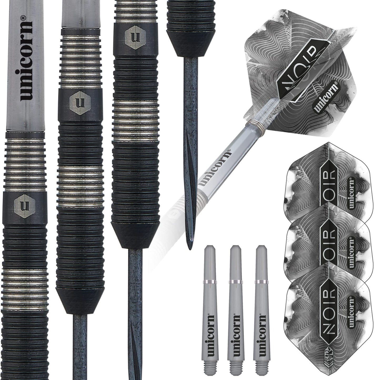 Unicorn Steel Tip Darts Set - Noir - 90% Tungsten Barrels with Black Titanium Coating & Black Volute Points - 21 g, 22 g, 23 g, 24 g, 25 g or 26 g