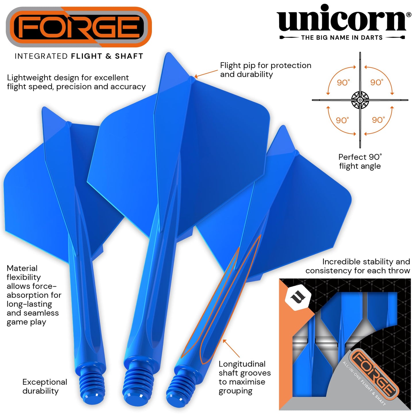 Unicorn Forge Integrated Dart Flights & Shafts | 1 Piece Construction for Perfect 90˚ Angle | Lightweight Tough Polymer | Standard Plus Shape & 2BA Thread | Medium Length Stem 26 mm |