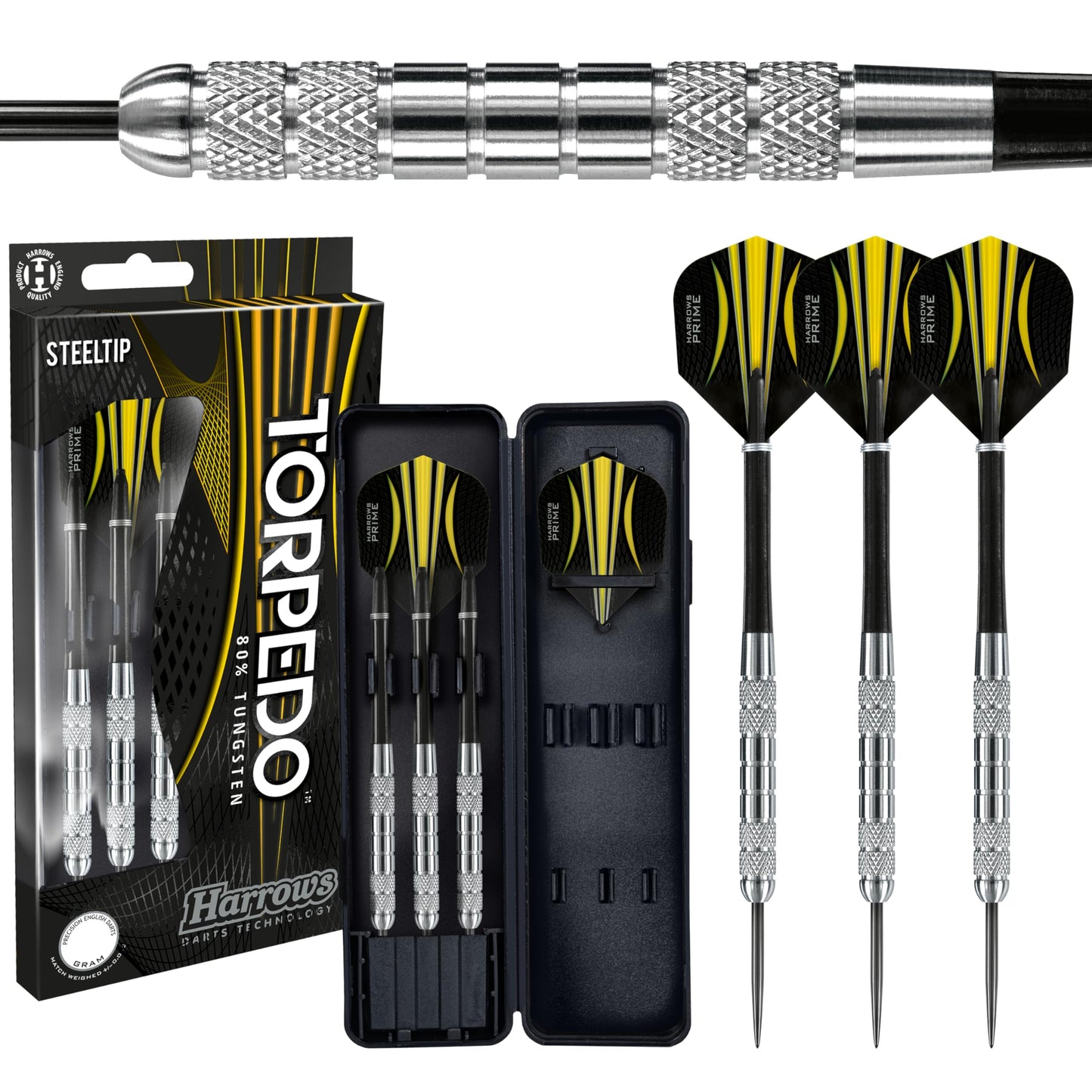 Harrows Torpedo 80% Tungsten Steel Tip Dart Set 22g, 23g, 24g & 25g - Includes Nylon Shafts, Marathon Flights & Travel Case
