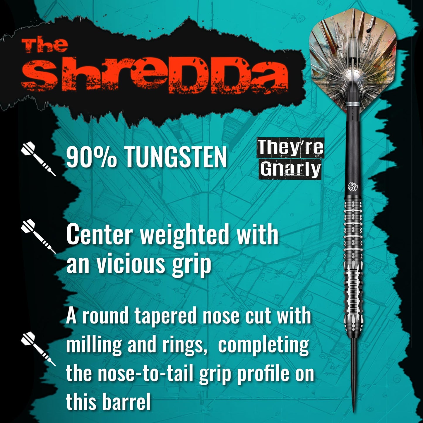 Shot! Gnarly Shredda Steel Tip Dart Set-90% Tungsten Dart Barrels, Centre Weighted, professional darts for bristle dartboard