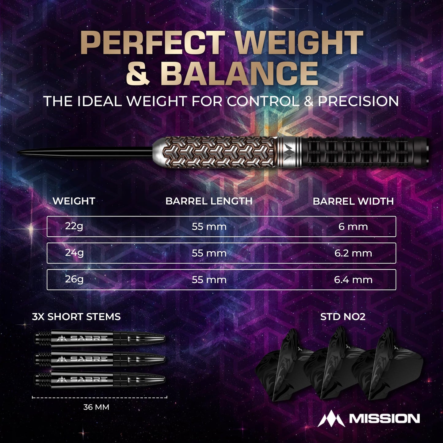 Mission Darts Archon 97.5% Tungsten Barrel Steel Tip Premium Dart Set, Black and Bronze, Shafts and Flights, Multiple Weights