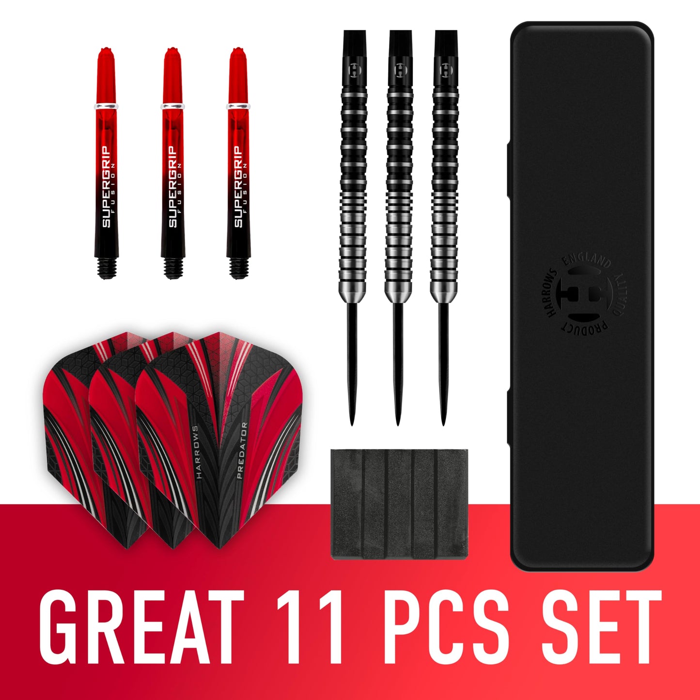 Harrows Predator 90% Tungsten Steel Tip Darts Set 22g, 23g, 24g &25g - Includes Ultra Traction Grip, Supergrip Fusion Shafts, Prime Flights & Travel Case