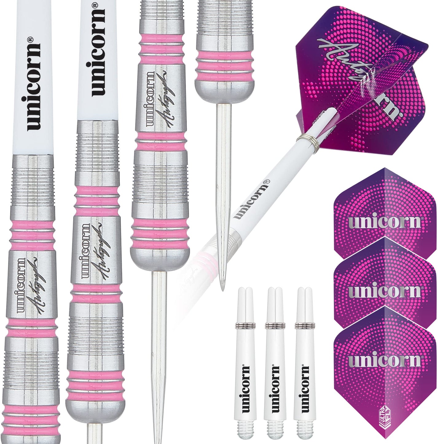 Unicorn Steel Tip Darts Set | Autograph Series Styles 1, 2 & 3 | 80% Natural Tungsten Barrels with Pink Accents | 19 g, 21 g, 22 g, 23 g, 24 g, 25 g, 26 g, 28 g or 30 g