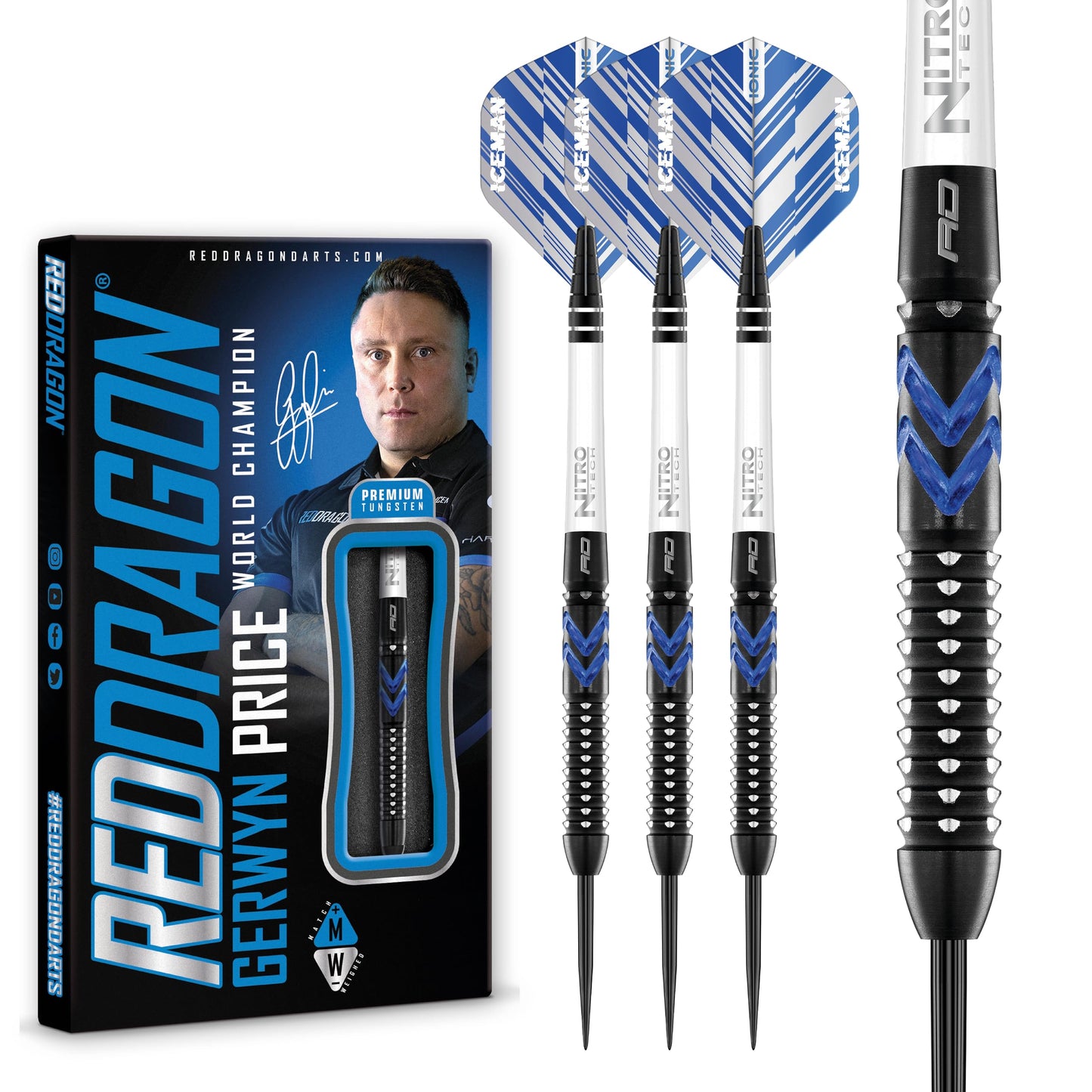 RED DRAGON Gerwyn Price Blue Ice SE - Tungsten Professional Darts Set with Flights and Nitrotech Shafts (Stems)
