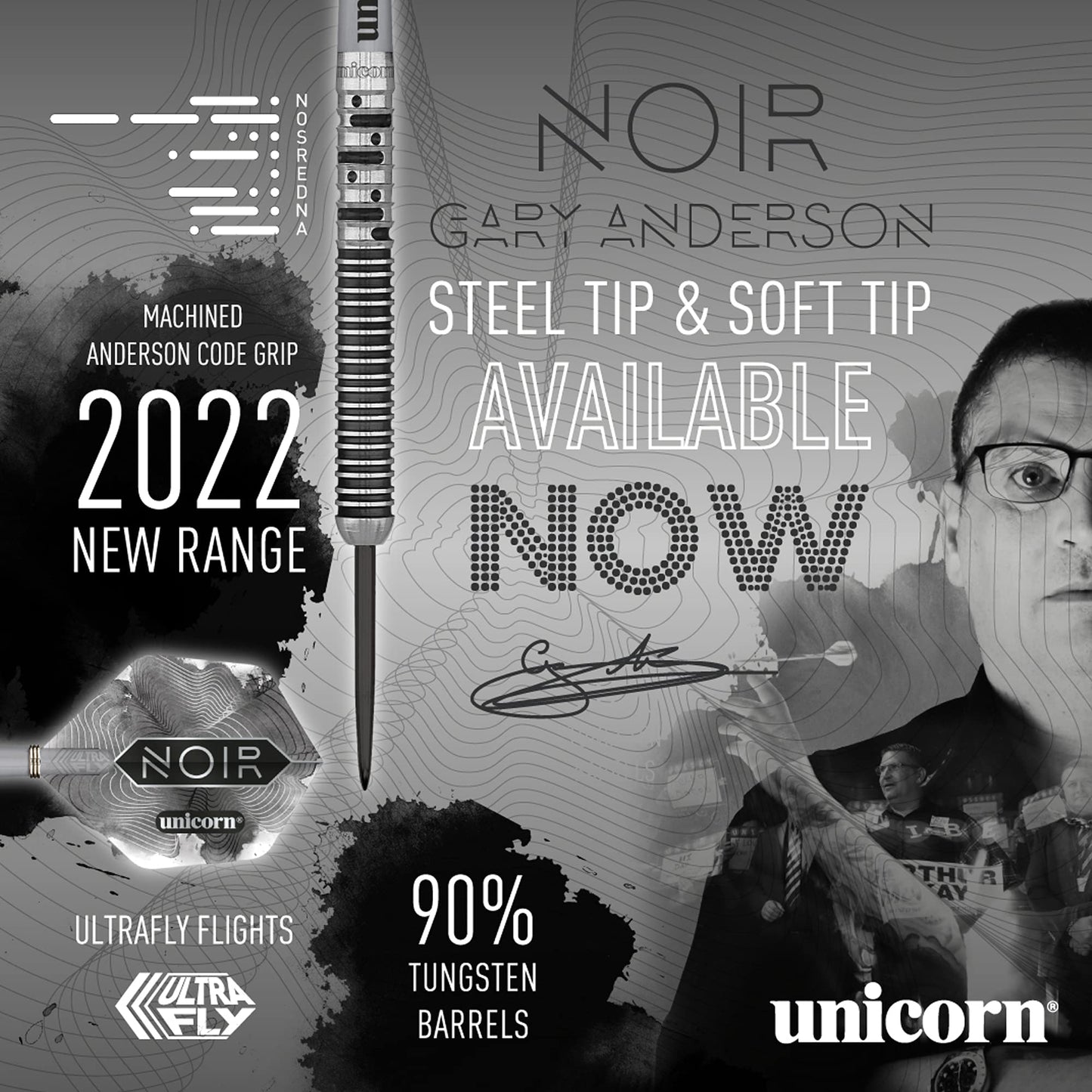 Unicorn Steel Tip Darts Set | Gary 'The Flying Scotsman' Anderson Noir Phase 3, 5 & 6 | 90% Tungsten Barrels with Black Titanium Coating | Presentation Packaging | 21g, 22g, 23g, 24g, 25g or 27g