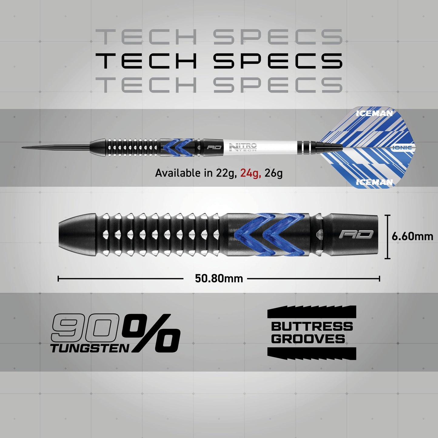 RED DRAGON Gerwyn Price Blue Ice SE - Tungsten Professional Darts Set with Flights and Nitrotech Shafts (Stems)
