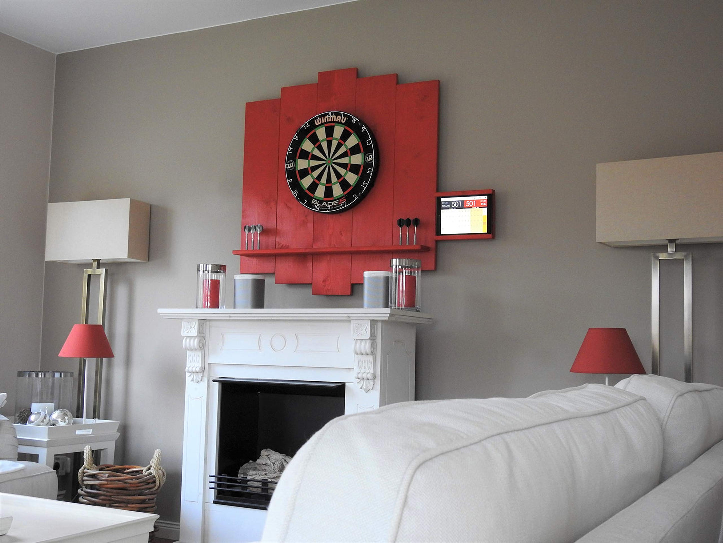 WOODEN Dartboard Surround | Premium dart wall protection & tablet holder | Flamed "Burned Look" or colour design (catch ring, dart surround, backboard)