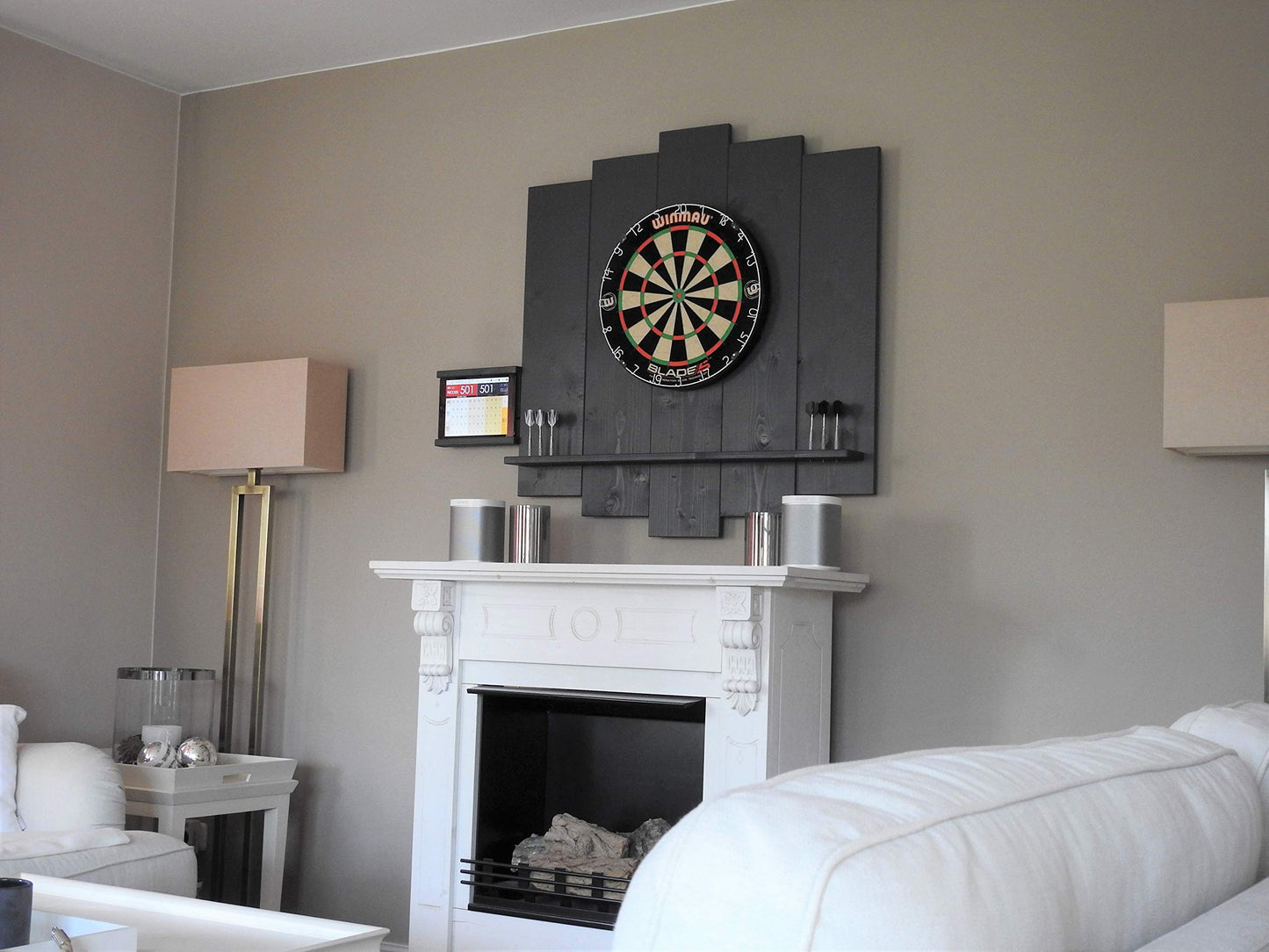 WOODEN Dartboard Surround | Premium dart wall protection & tablet holder | Flamed "Burned Look" or colour design (catch ring, dart surround, backboard)