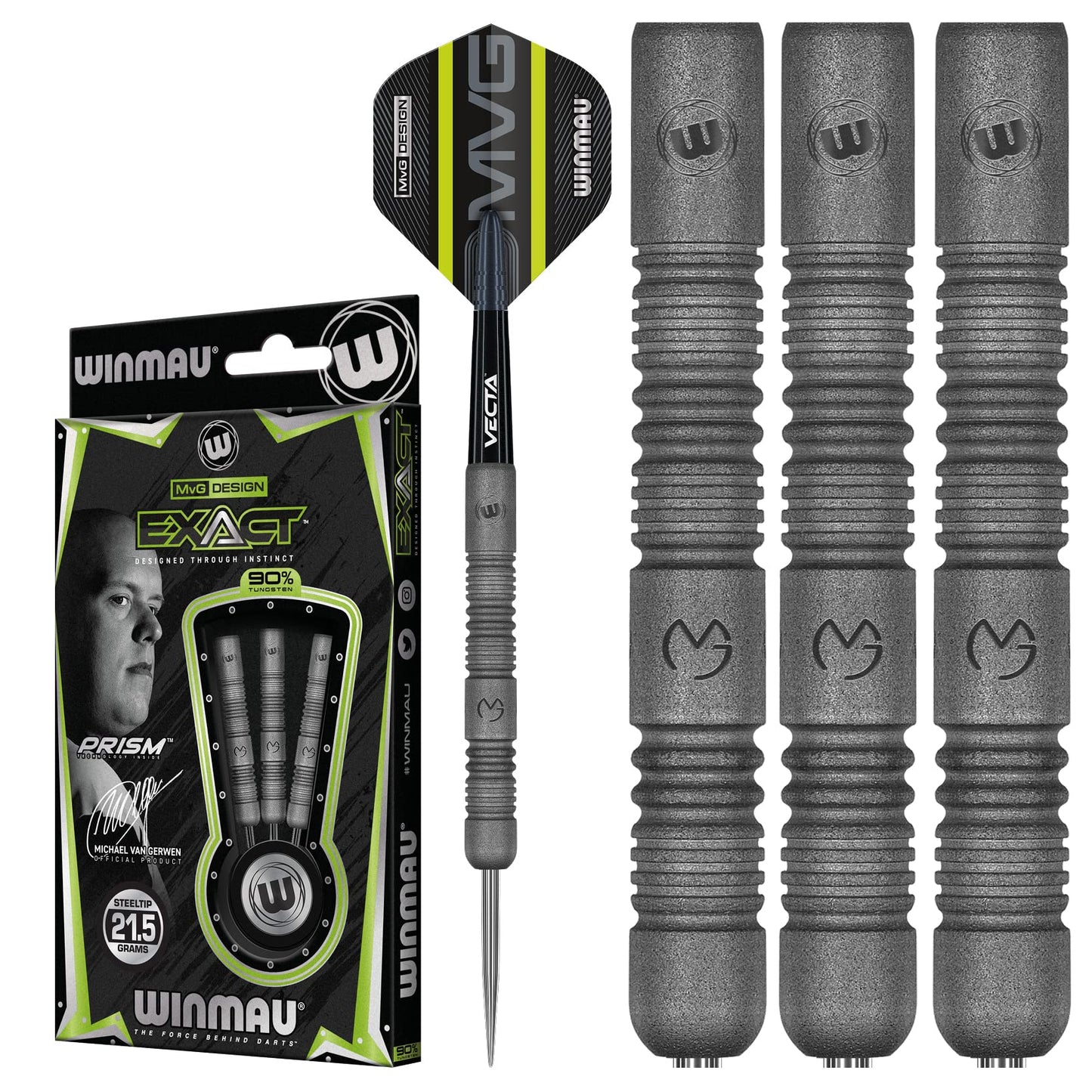WINMAU Darts Set - Michael Van Gerwen MvG Exact Steeltip Darts - Includes Darts Flights & Stems, Available in 21.5g, 23g, 24g & 25g, Professional 90% Tungsten Darts Set