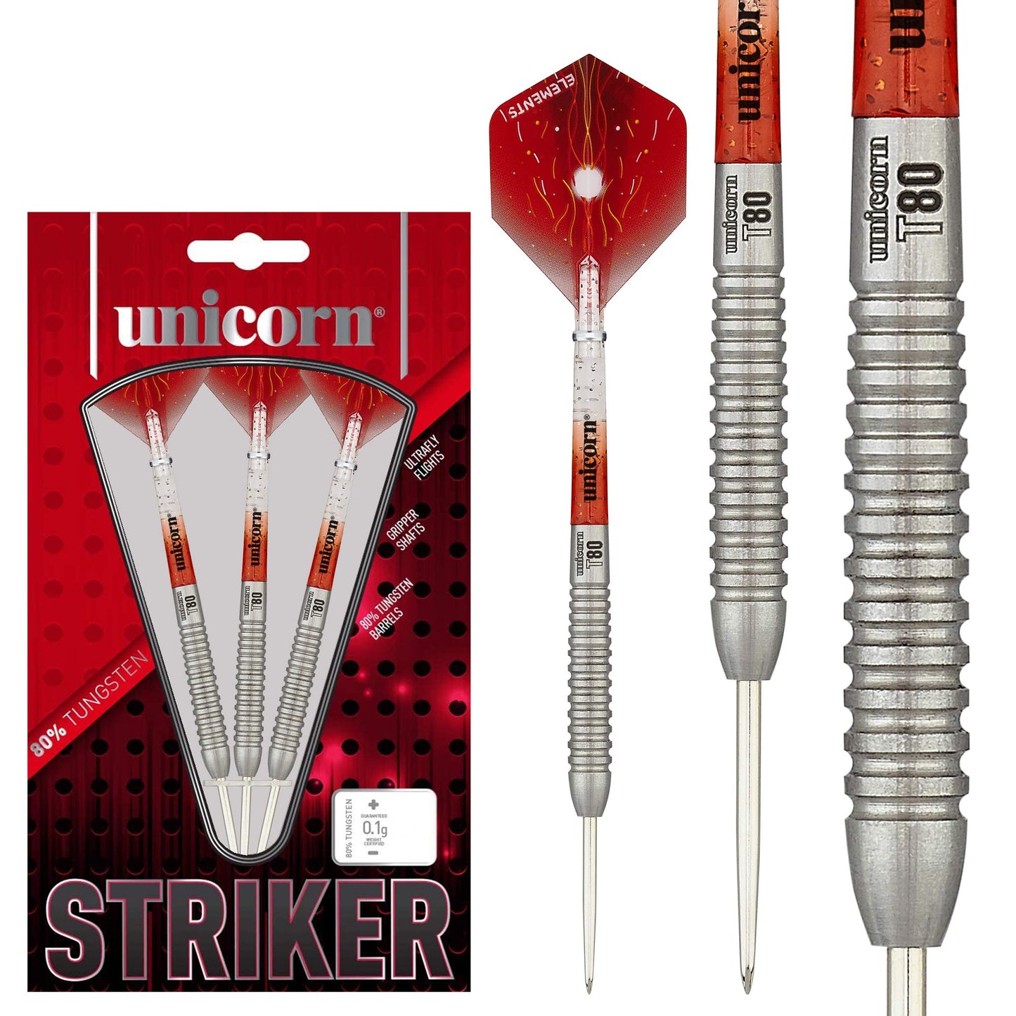 Unicorn Steel Tip Darts Set, Core Striker Series, 80 Percent Natural Tungsten Barrels, 20g, 21g, 22g, 23g, 24g or 25g
