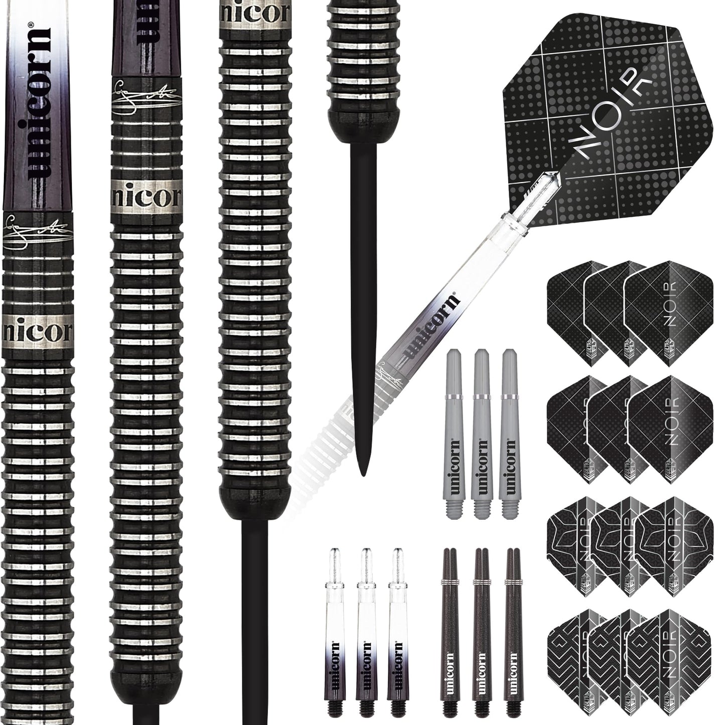 Unicorn Steel Tip Darts Set | Gary 'The Flying Scotsman' Anderson Noir Phase 3, 5 & 6 | 90% Tungsten Barrels with Black Titanium Coating | Presentation Packaging | 21g, 22g, 23g, 24g, 25g or 27g