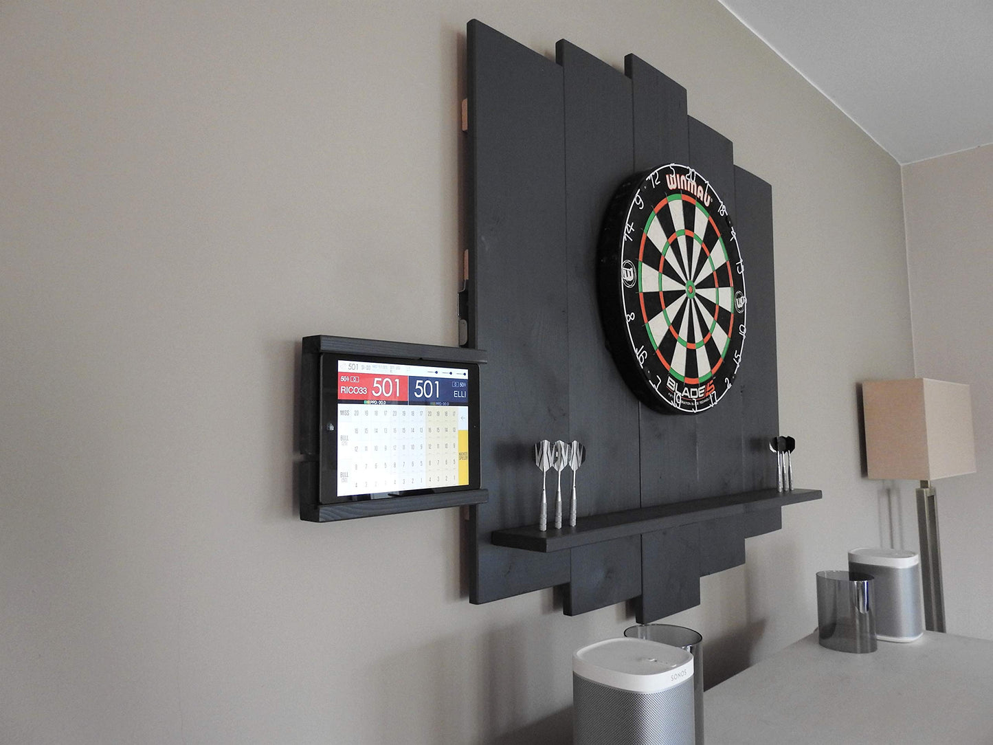 WOODEN Dartboard Surround | Premium dart wall protection & tablet holder | Flamed "Burned Look" or colour design (catch ring, dart surround, backboard)