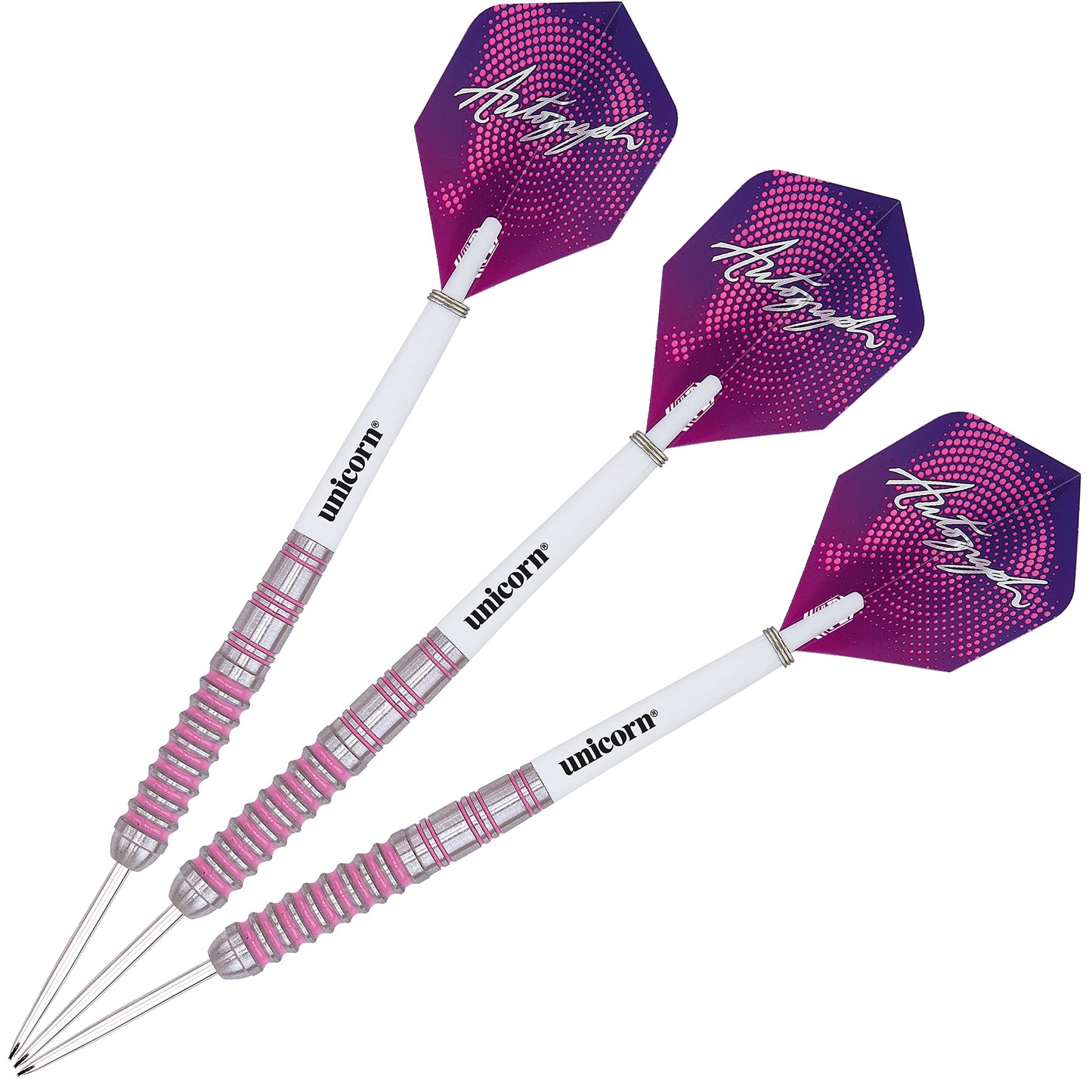 Unicorn Steel Tip Darts Set | Autograph Series Styles 1, 2 & 3 | 80% Natural Tungsten Barrels with Pink Accents | 19 g, 21 g, 22 g, 23 g, 24 g, 25 g, 26 g, 28 g or 30 g