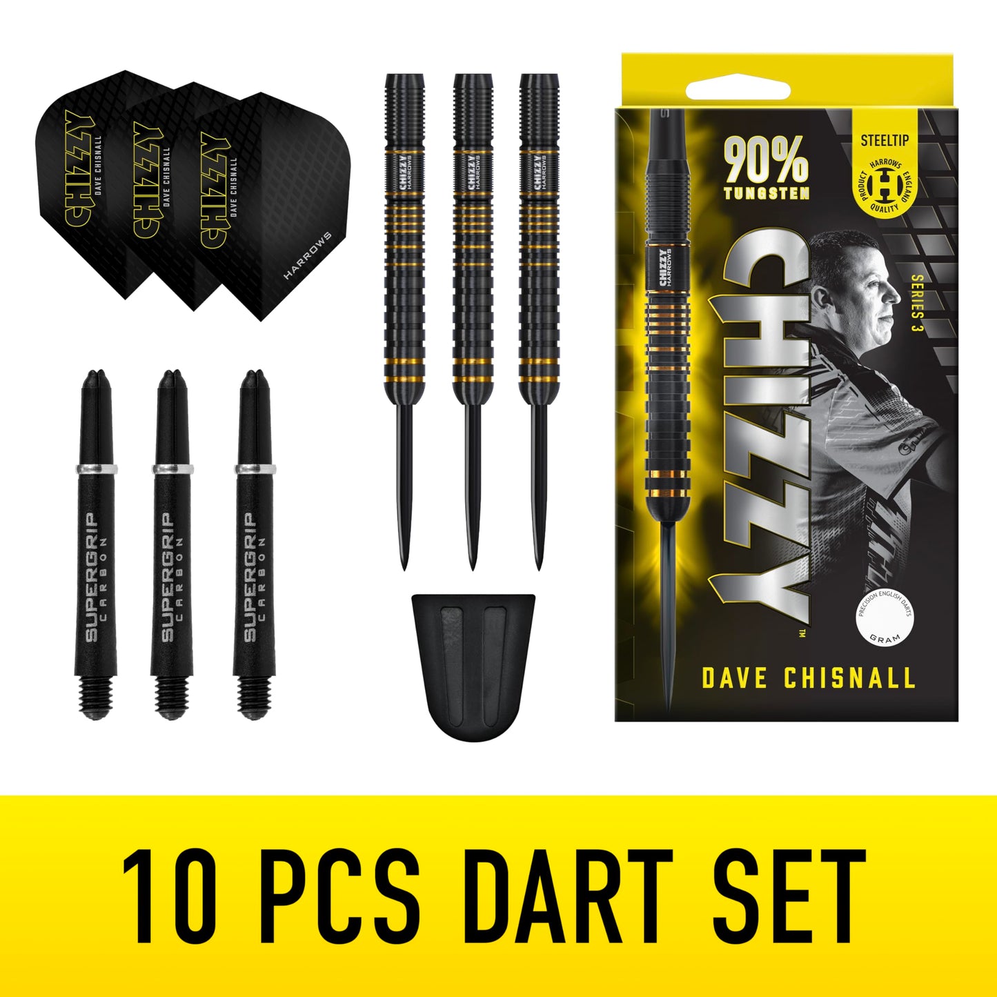 Harrows Dave Chisnall Chizzy Series 3 Player Darts Set I Professional Darts 90% Tungsten Steel ALL Weights Pro DartsI10pc Set with Supergrip Carbon Midi Shafts & Signature Flights