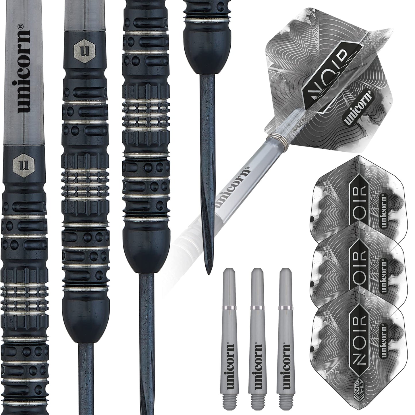 Unicorn Steel Tip Darts Set - Noir - 90% Tungsten Barrels with Black Titanium Coating & Black Volute Points - 21 g, 22 g, 23 g, 24 g, 25 g or 26 g