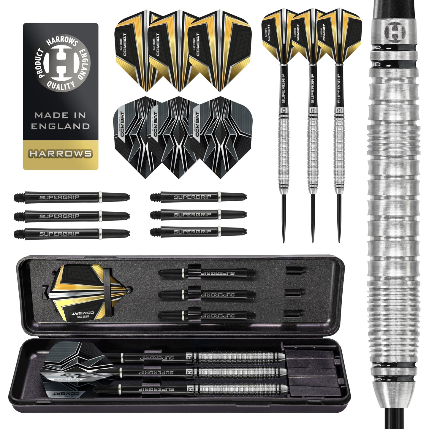 Harrows Combat 90% Tungsten Steel Tip Darts Set I 21g to 30g All Weights Available I Huge 17pcs Bundle with Spare Shafts, Prime Flights & Travel Case