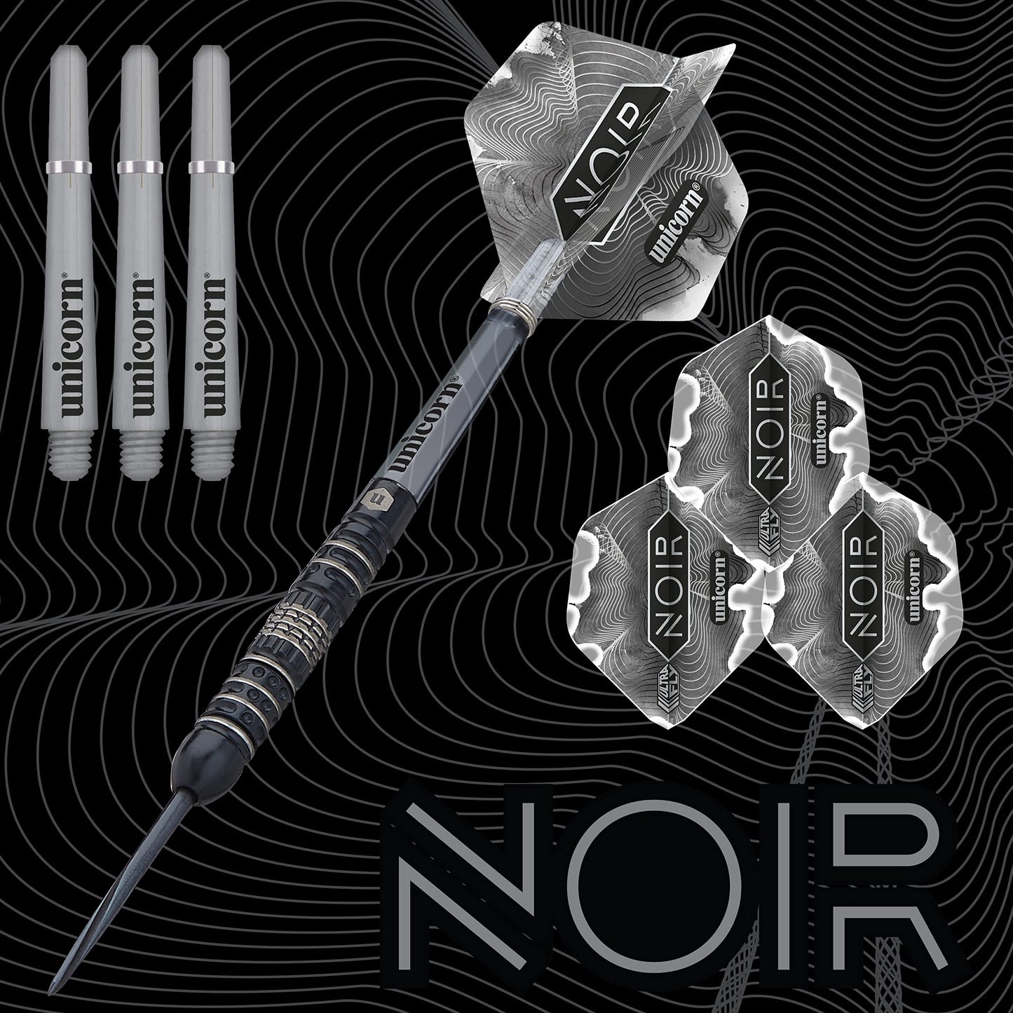Unicorn Steel Tip Darts Set - Noir - 90% Tungsten Barrels with Black Titanium Coating & Black Volute Points - 21 g, 22 g, 23 g, 24 g, 25 g or 26 g