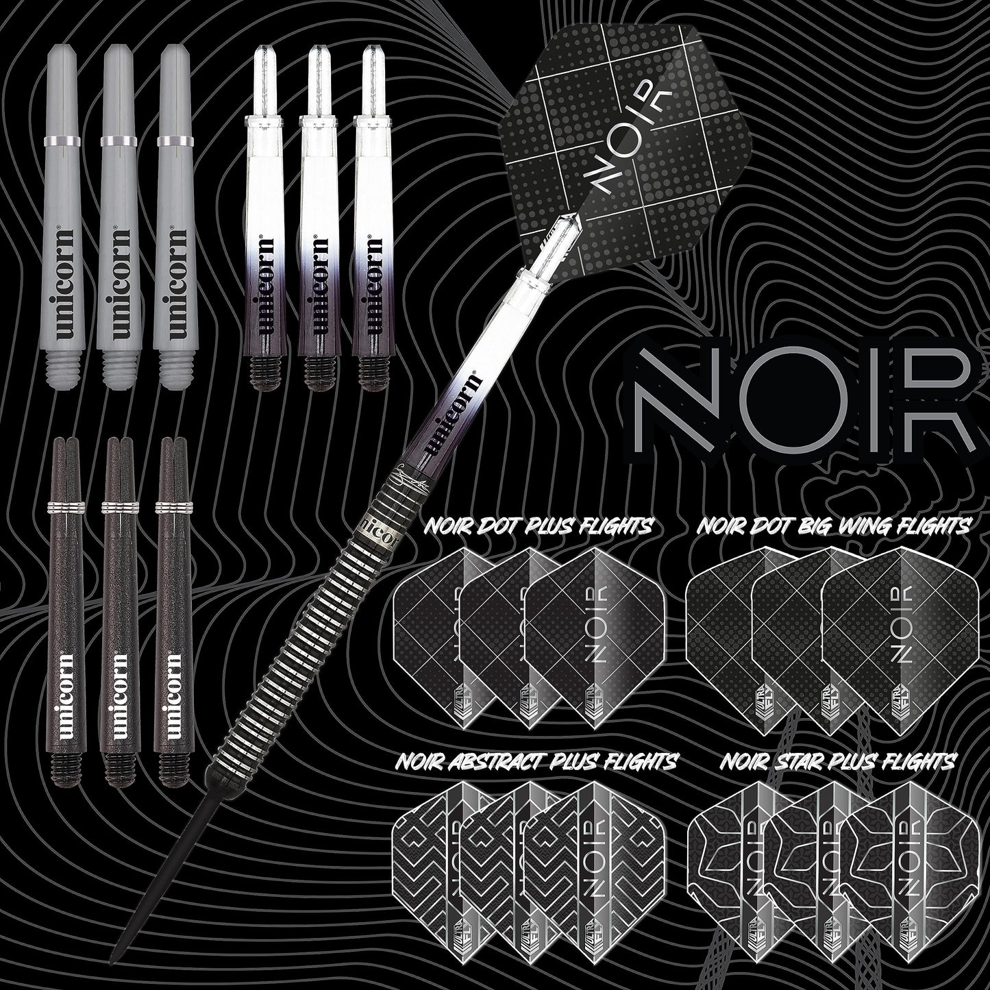 Unicorn Steel Tip Darts Set | Gary 'The Flying Scotsman' Anderson Noir Phase 3, 5 & 6 | 90% Tungsten Barrels with Black Titanium Coating | Presentation Packaging | 21g, 22g, 23g, 24g, 25g or 27g