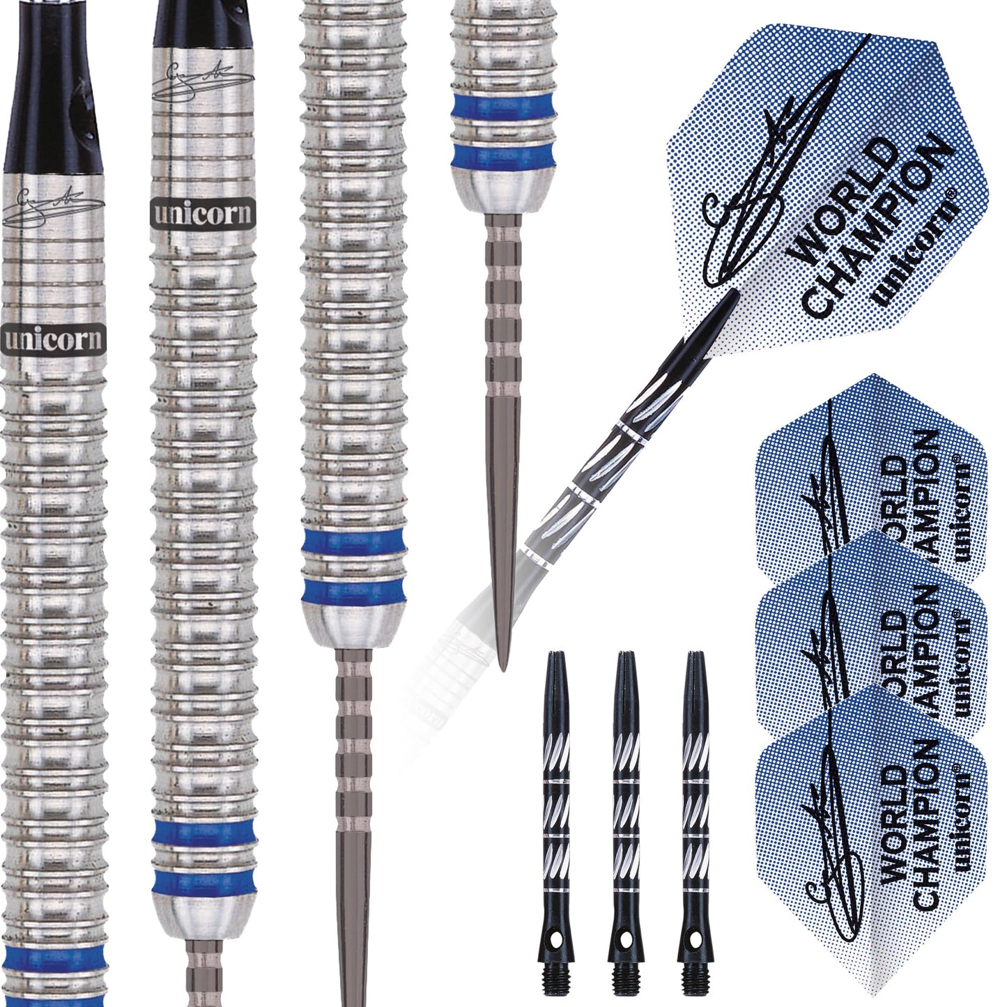 Unicorn Steel Tip Darts Set | Gary 'The Flying Scotsman' Anderson Phase 3 World Champion | 90% Natural Tungsten Barrels with Blue Accents