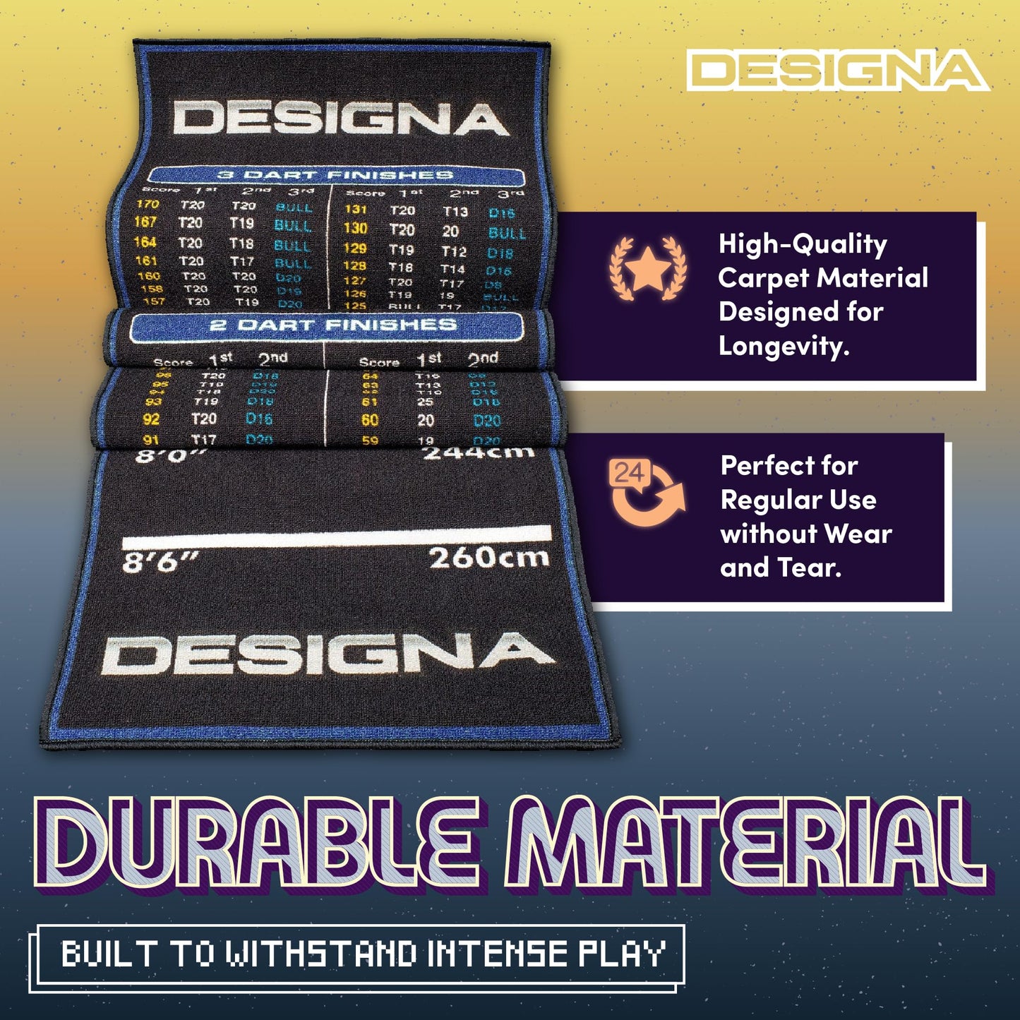 Designa Darts Mat Checkouts Heavy Duty Carpet Non Slip Back Mats Slim or Wide