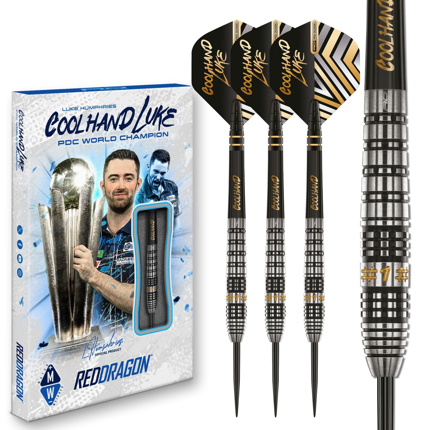 RED DRAGON Darts – Professional Player Luke Humphries Coolhand Prestige Series - 90% Tungsten Darts Set with Dart Flights & Dart Shafts (Stems) - Available in Soft Tip 18g & Steel Tip 22g, 23g & 24g