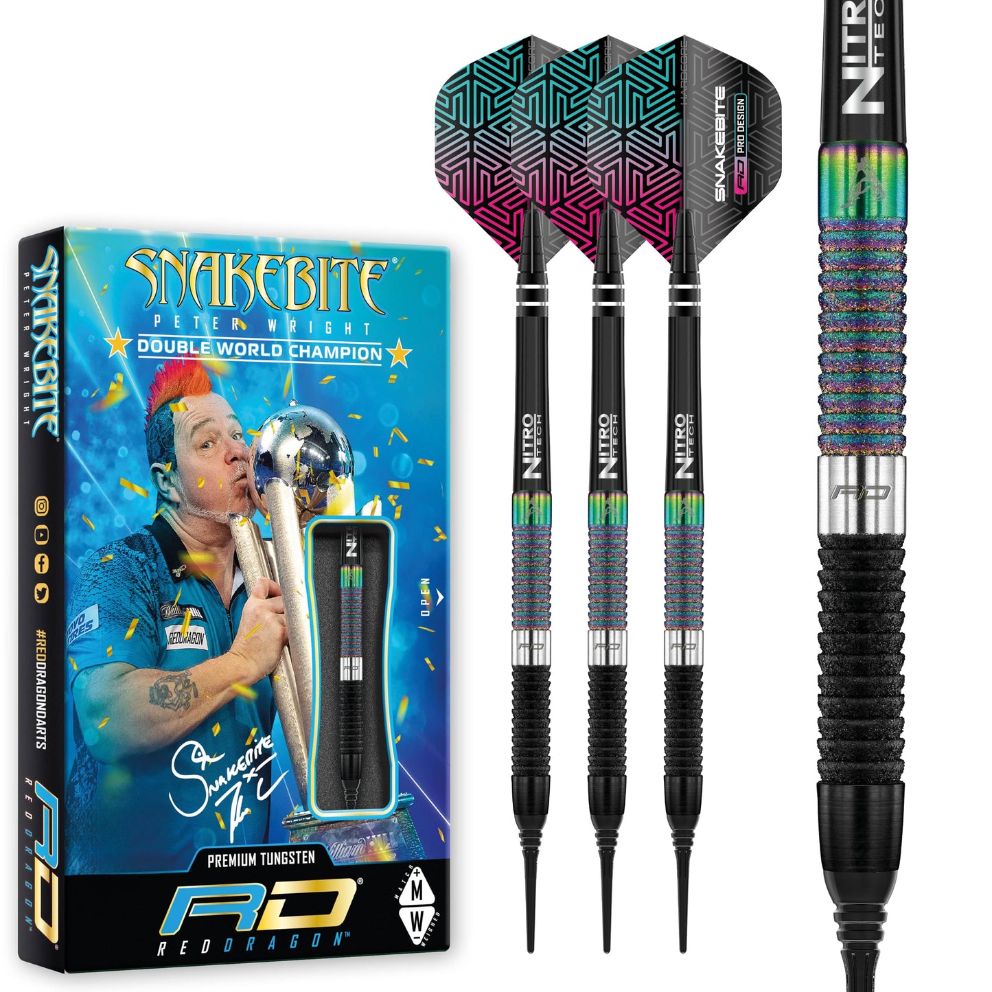 RED DRAGON Peter Wright Snakebite World Champion Diamond Fusion SE Professional Darts Set including Flights and Shafts (Stems)