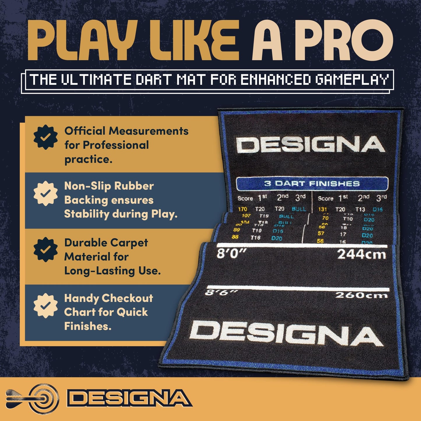 Designa Darts Mat Checkouts Heavy Duty Carpet Non Slip Back Mats Slim or Wide
