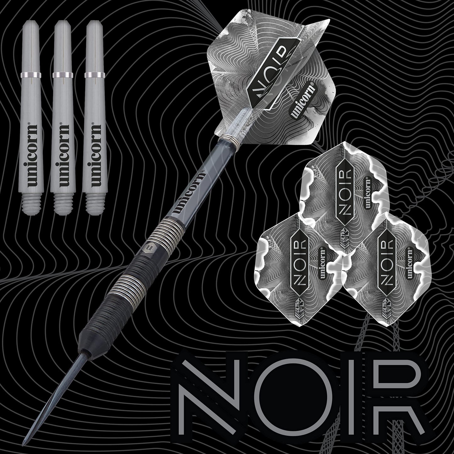 Unicorn Steel Tip Darts Set - Noir - 90% Tungsten Barrels with Black Titanium Coating & Black Volute Points - 21 g, 22 g, 23 g, 24 g, 25 g or 26 g