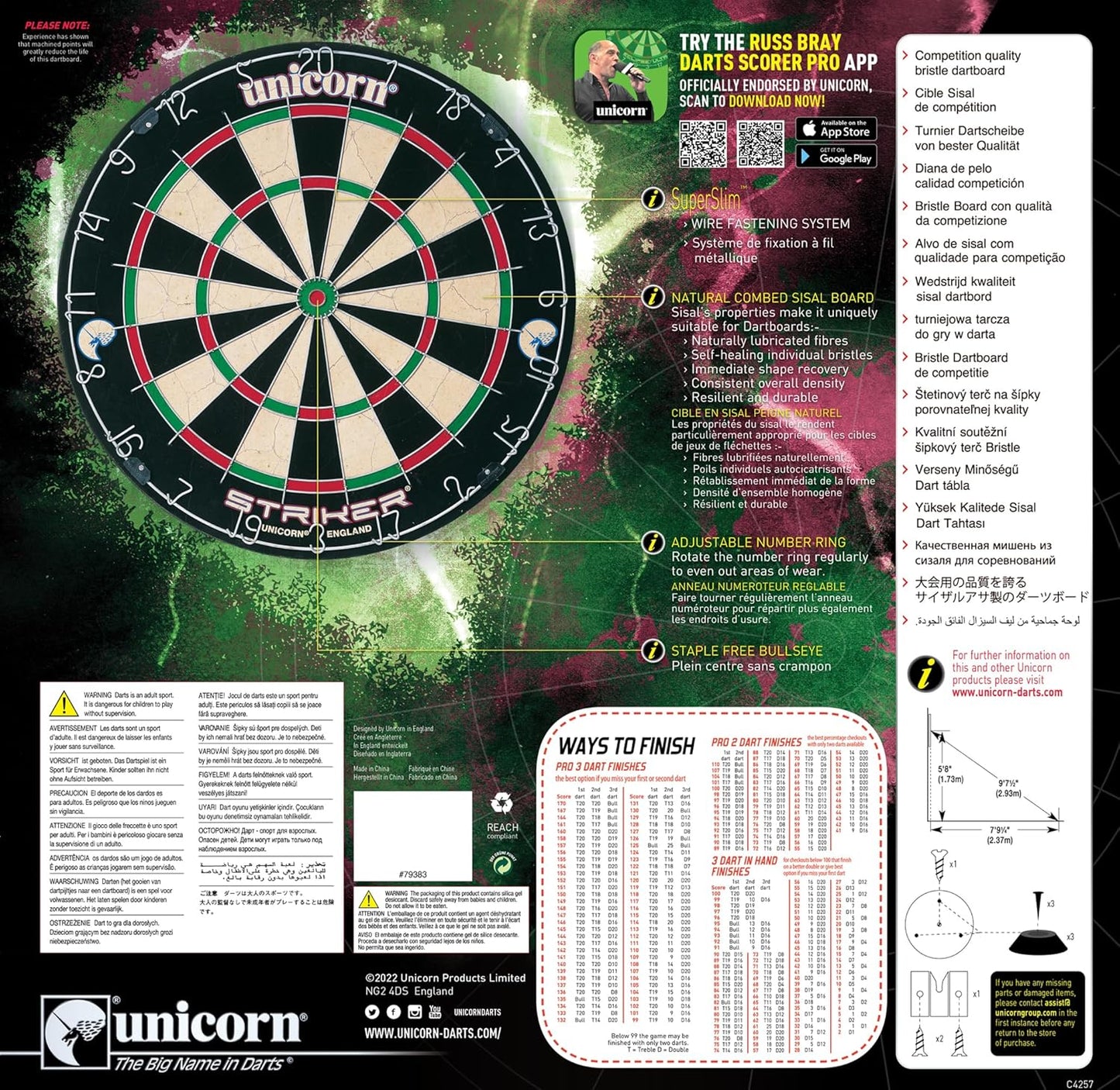 Unicorn Dartboard | Striker | Round Wire Number Ring | Championship Quality Sisal Bristle | Superslim Wire Fasteners, Black/White/Red/Green
